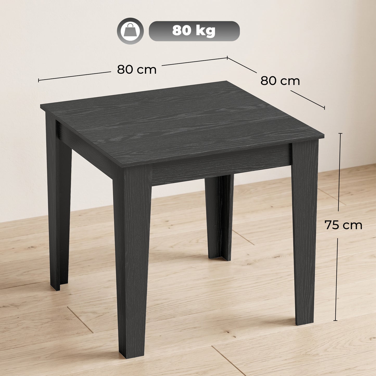 HOMCOM Dining Table for 4, 80L x 80W x 75Hcm, Modern Square Kitchen Table with Wood Effect Tabletop, Black Wood Effect
