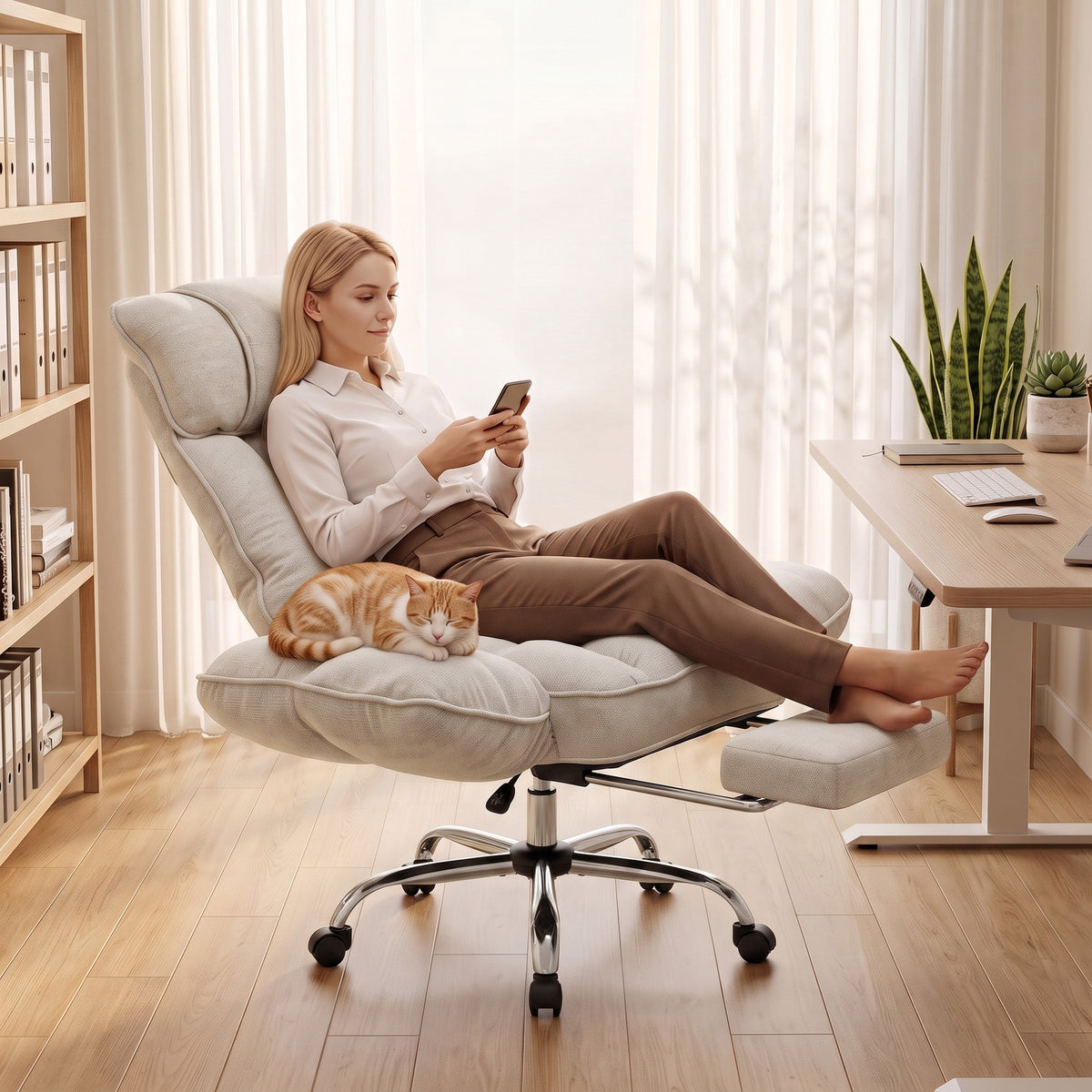 HOMCOM Executive Office Chair Height Adjustable Desk Chair Reclining Flip-up Armrest Footrest, Beige