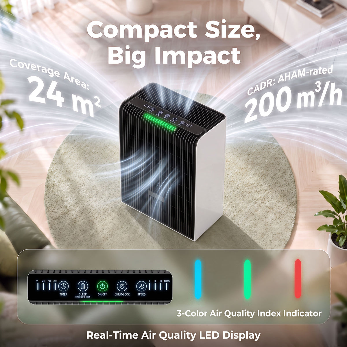 HOMCOM Air Purifier for Home, H13 HEPA Filter, Pet Air Cleaner, Sleep & Auto Mode, 24mÂ², Quiet 28dB, AQI Indicator, 8H Timer