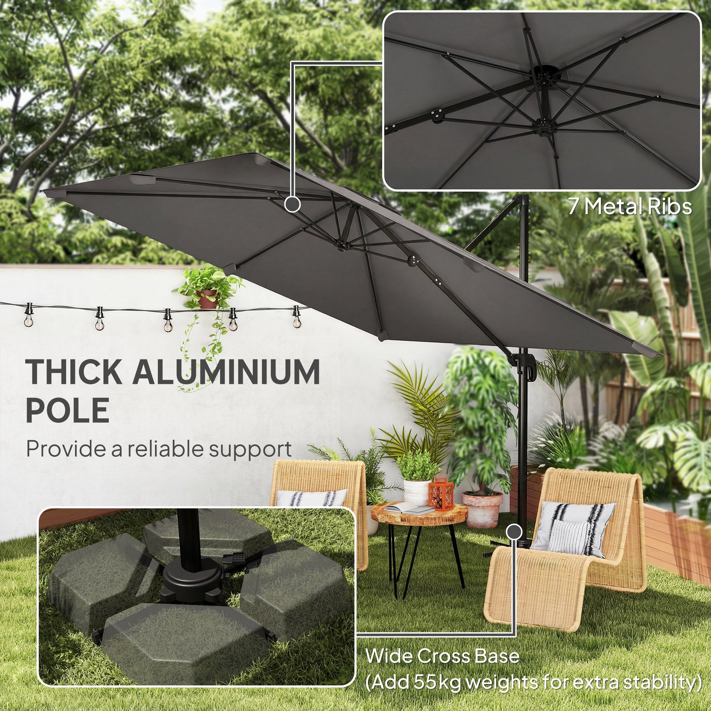 Outsunny 3 x 3 m Cantilever Parasol, Square Patio Umbrella with Crank Handle, Cross Base, Tilt, 360Â° Rotation, Dark Grey