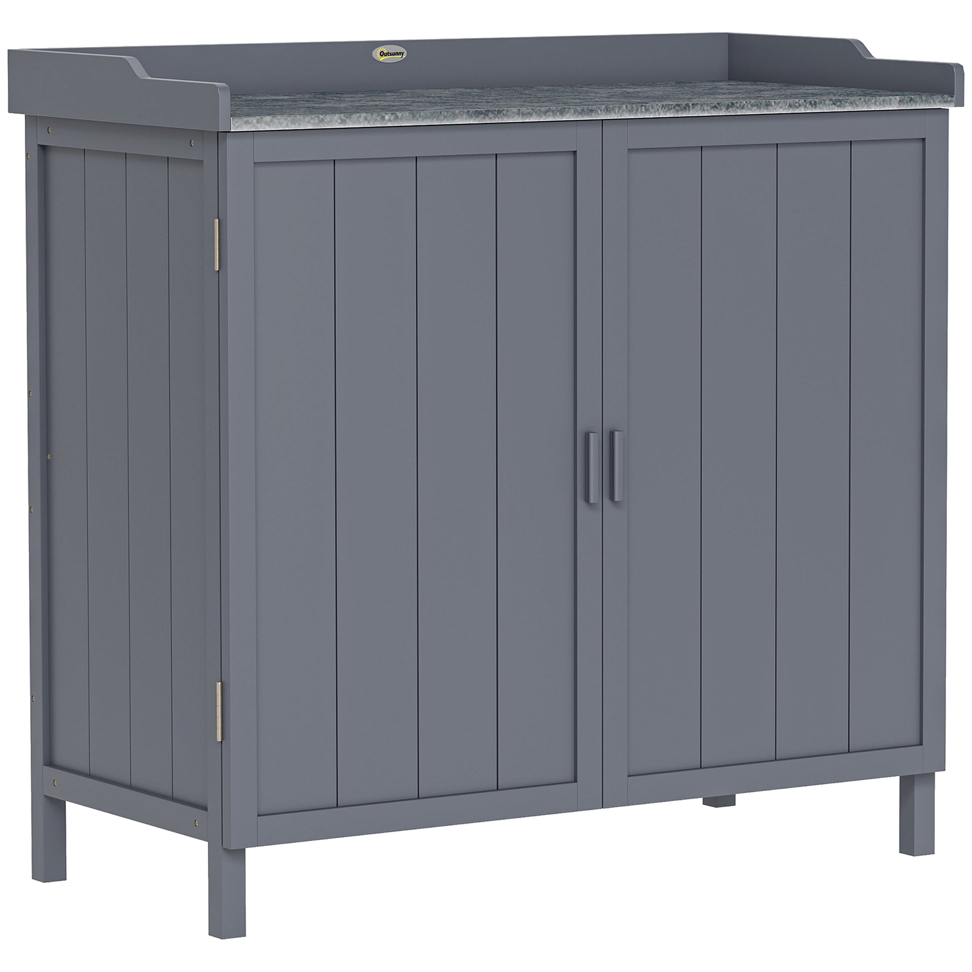 Outsunny Wood Garden Storage Cabinet, Outdoor Tool Shed, Potting Bench Table with galvanised Top and Two Shelves for garden Tools or Pool Accessories, Grey