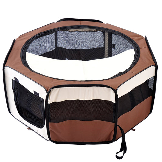 PawHut 600D Oxford Soft Fabric Kennel, Portable Lightweight Cat Dog Playpen, Foldable Pet Puppy Rabbit Guinea Pig Pen Run Dia 90 x 41H cm Indoor & Outdoor Brown