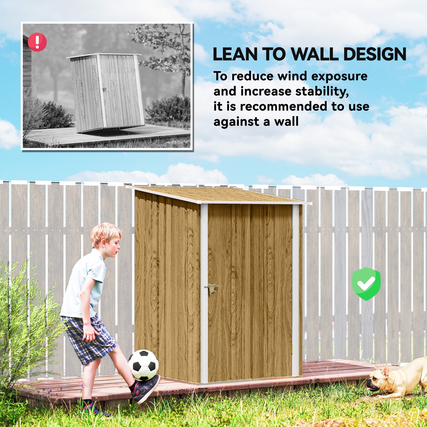 Outsunny 3.3 x 3.4ft Lean To Steel Garden Shed with Locking Door - Light Brown Wood Effect/White