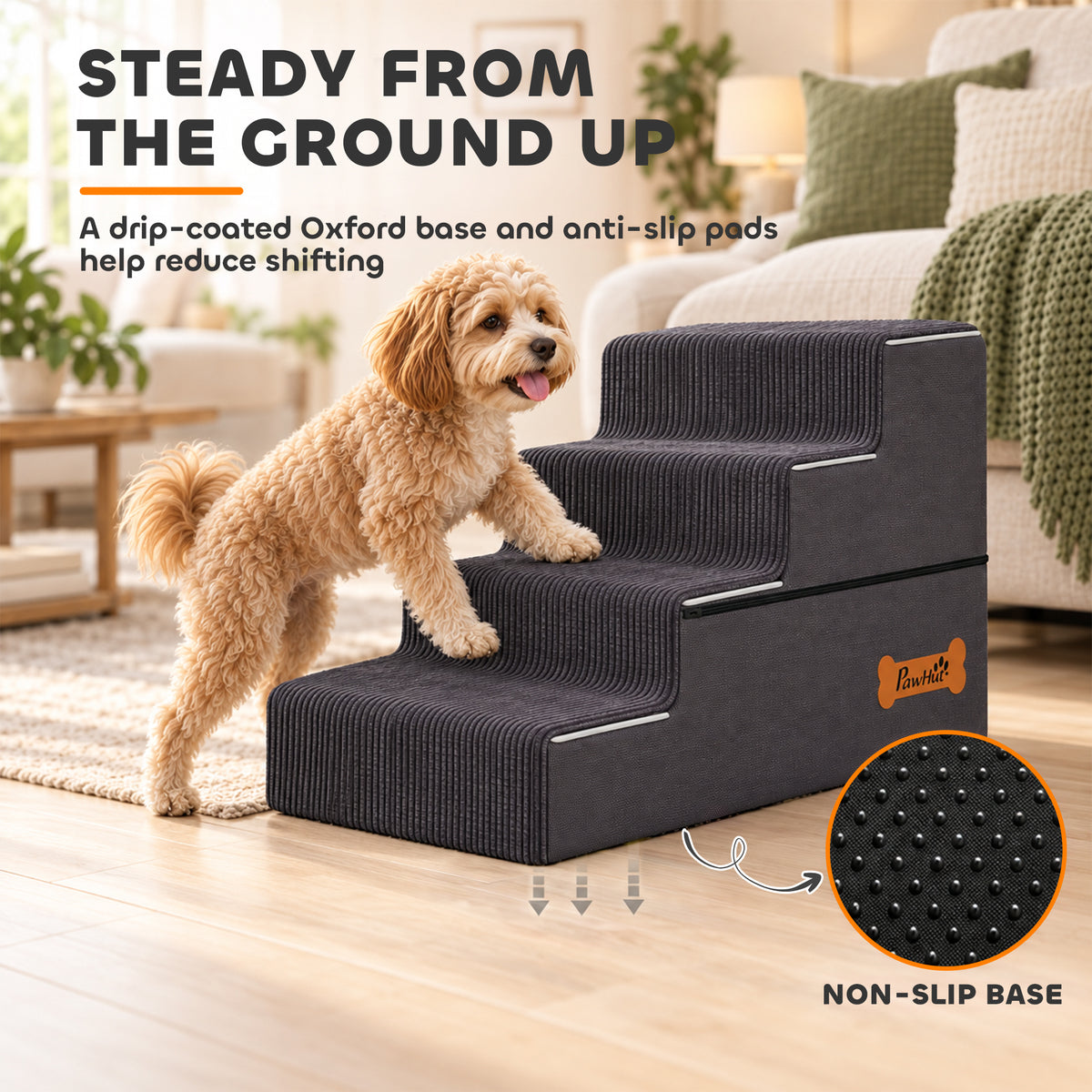 PawHut Dog Steps, 4-Step Dog Stairs for Bed and Sofa, Pet Stairs with Carry Handle, Washable Cover