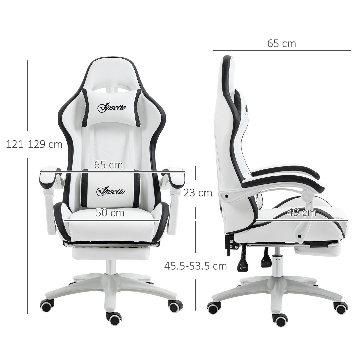 Vinsetto Computer Gaming Chair, PU Leather Office Desk Chair with Footrest, Swivel Wheels, 135Â° Reclining Back, Lumbar Support, Headrest for Home, White and Black