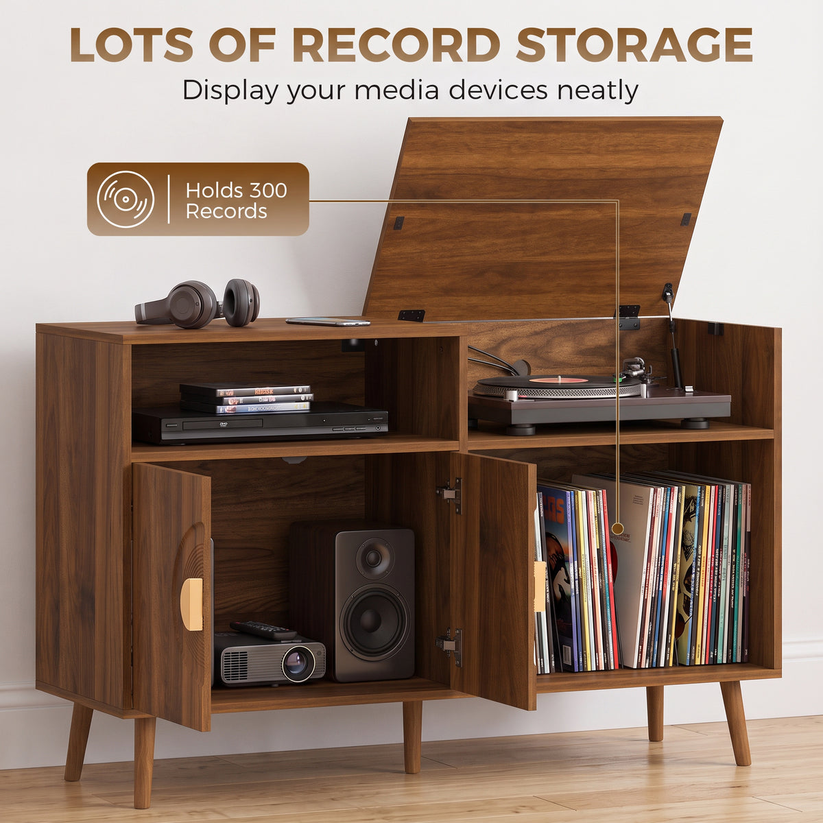 HOMCOM Record Player Stand, Vinyl Record Holder with Storage Holds Up to 300 Albums with Flip-Top Compartment, Walnut