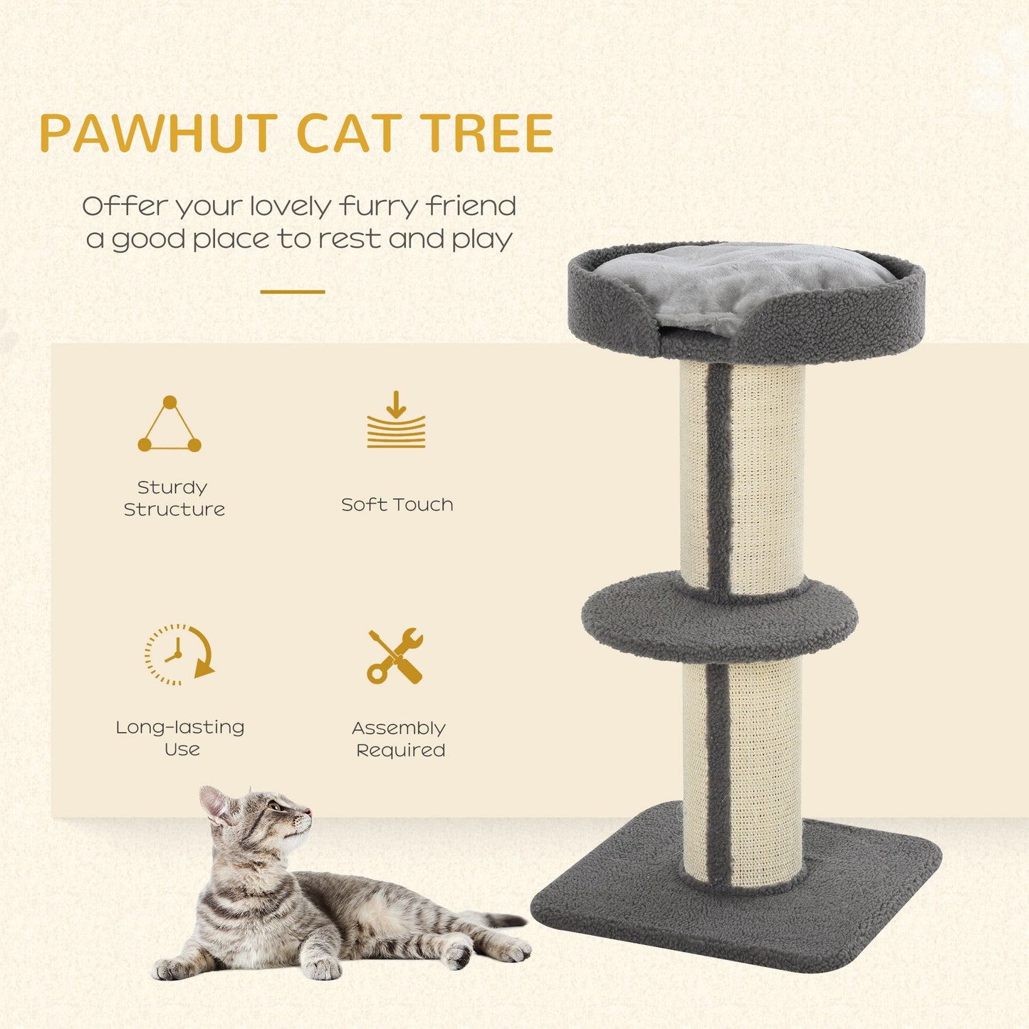 PawHut 91cm Cat Tower Scratching Posts Cat Tree for Indoor Kittens Activity Centre Grey