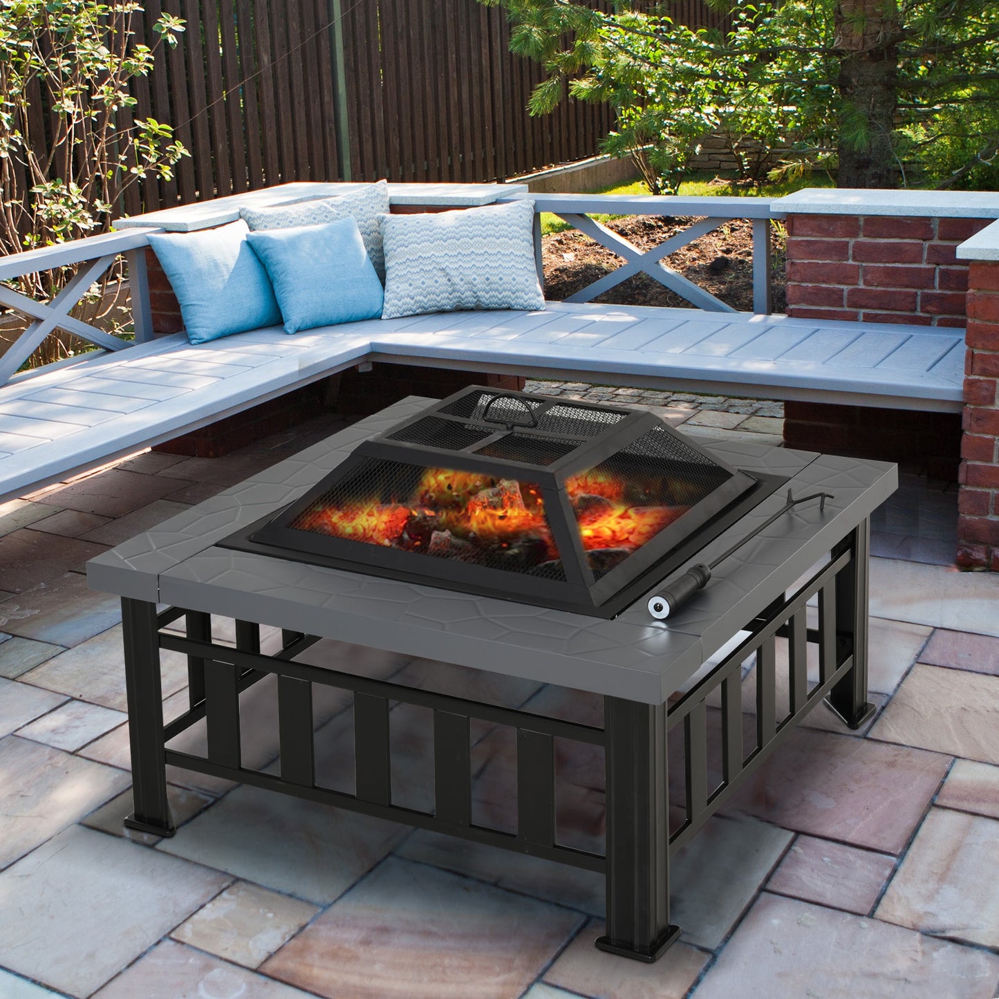 Outsunny Metal Large Firepit Outdoor Square Fire Pit Brazier with Rain Cover, Lid, Log Grate, Poker for Backyard, Camping, BBQ, Bonfire, Wood Burning Stove, 86 x 86 x 54cm, Black