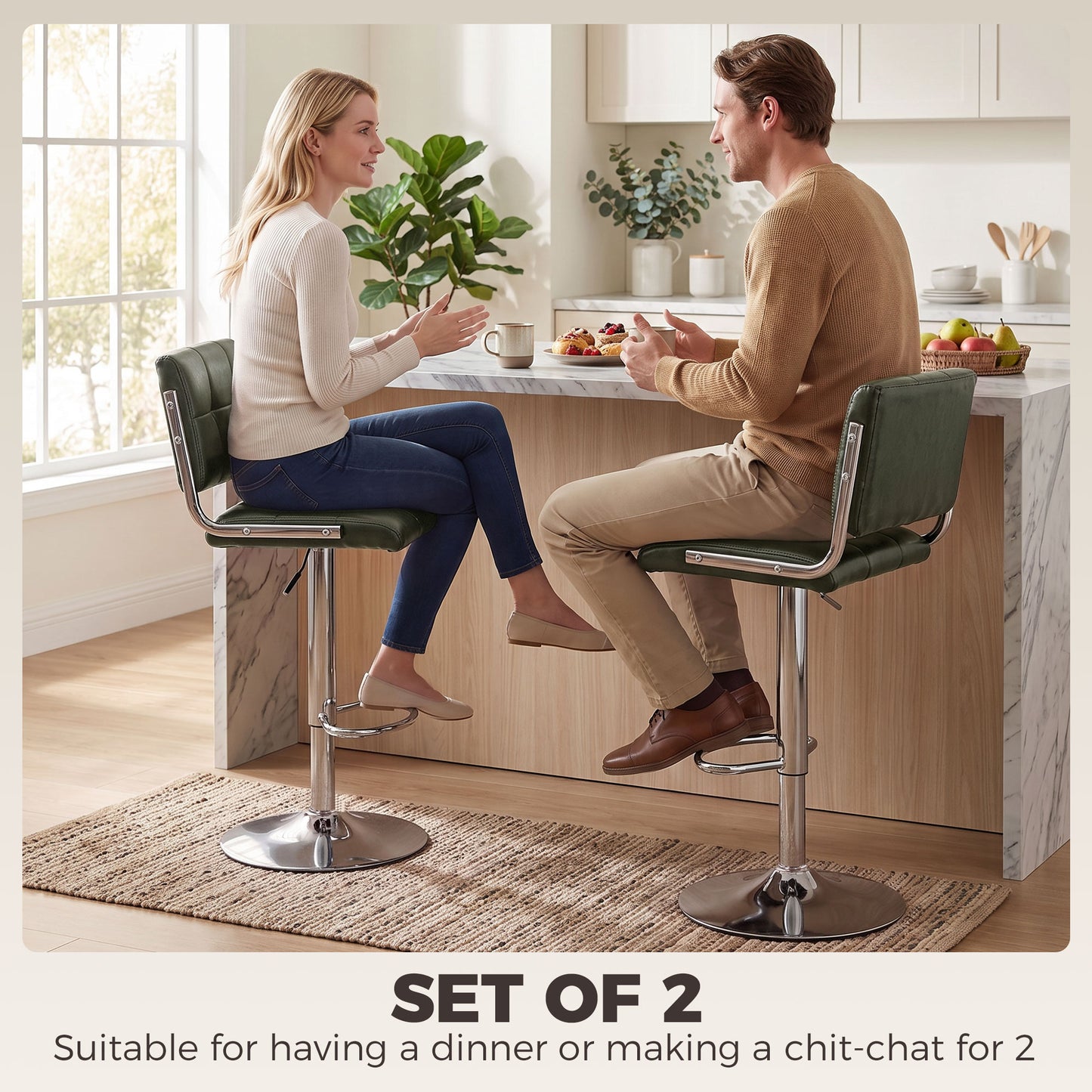 HOMCOM Bar Stools Modern PU Leather Adjustable Breakfast Bar Stools Backrest Set of 2 Green