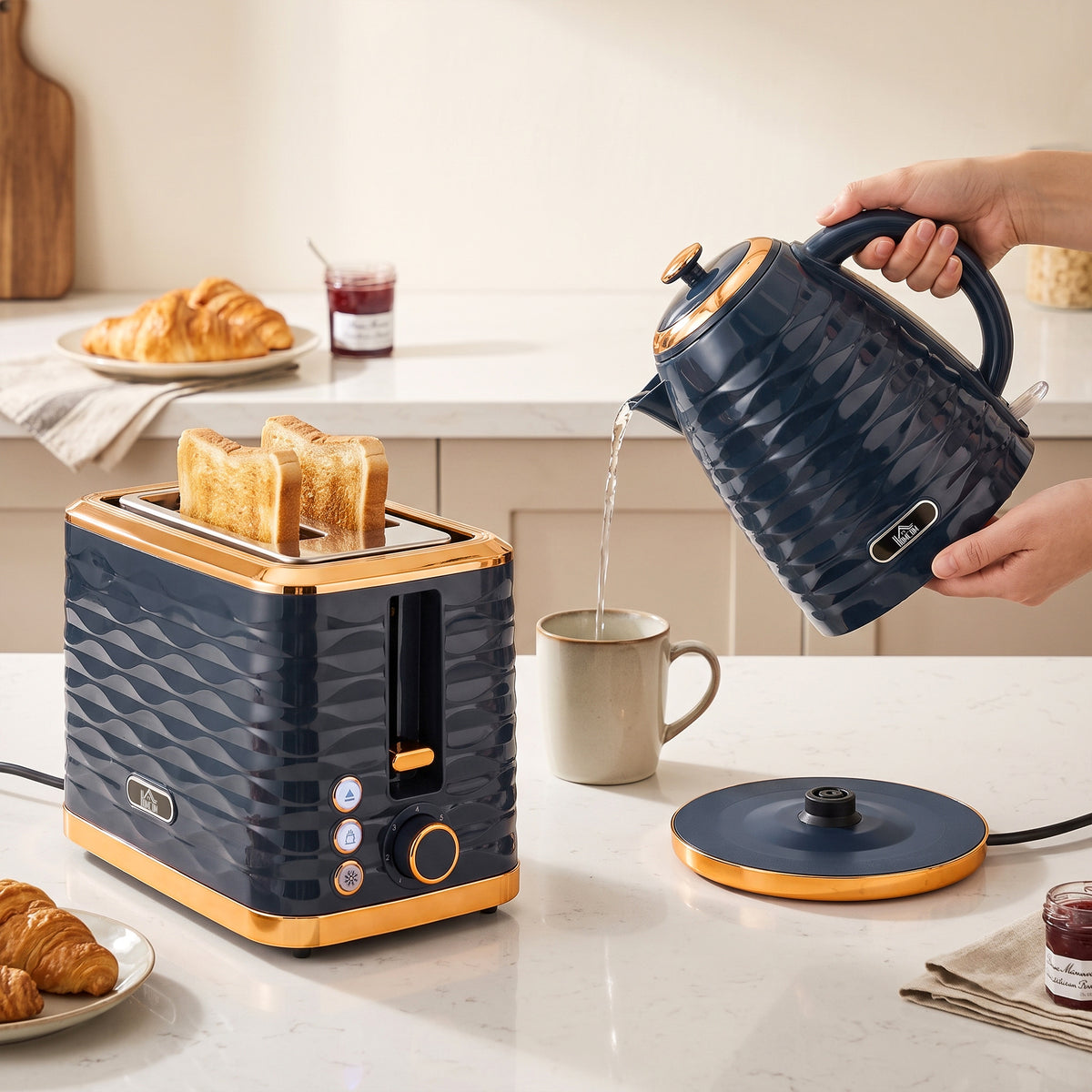 HOMCOM Kettle and Toaster Sets, 3000W 1.7L Rapid Boil Kettle & 2 Slice Toaster with 7 Browning Controls, Defrost, Dark Blue