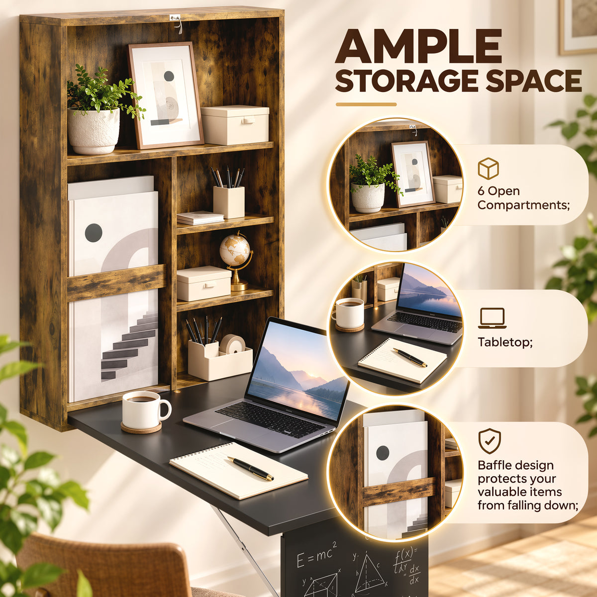HOMCOM Folding Wall-Mounted Drop-Leaf Table, Convertible Wall Table With Chalkboard and Storage Shelf, Rustic Brown