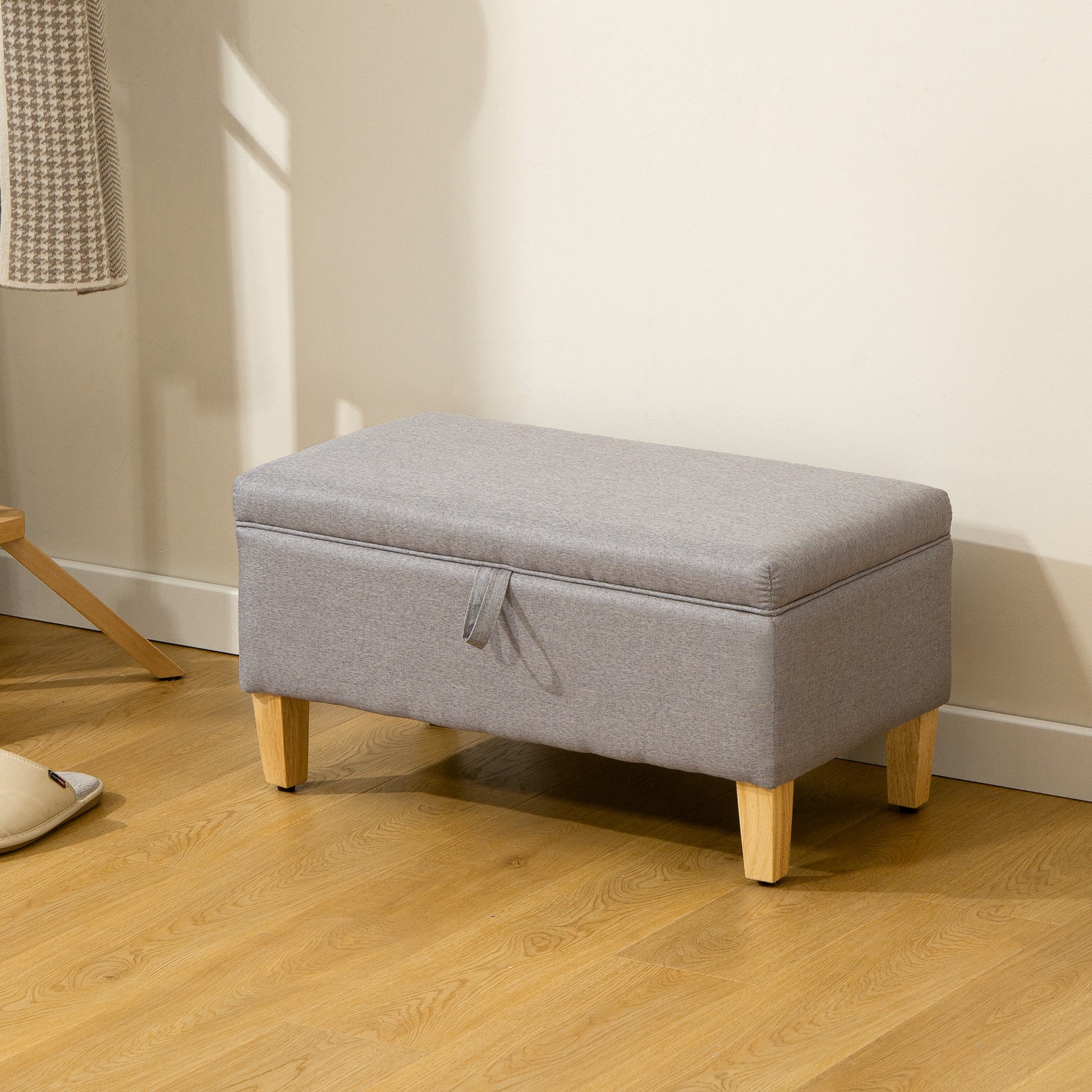 HOMCOM 30L Linen Storage Ottoman Padded Footstool with Rubberwood Legs for Storage Box, Bed End, Shoe Bench, Seating, Light Grey