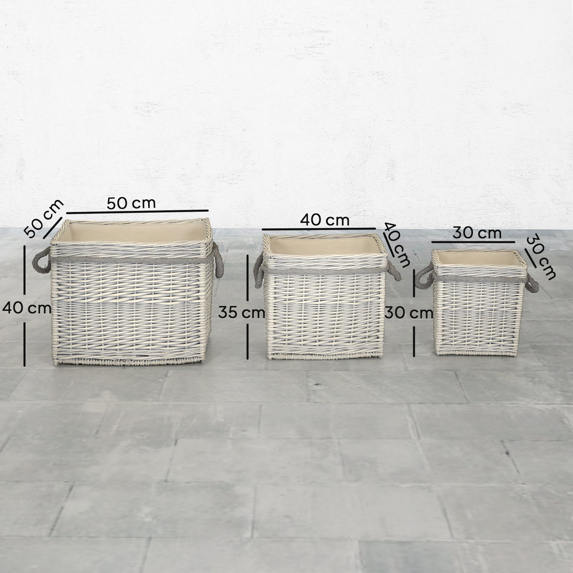 Outsunny Set of 3 Log Baskets for Wood Burner Indoor, Storage Basket with Lining and Rope Handles, Wicker Basket for Fireside Storage, Blankets, Beige