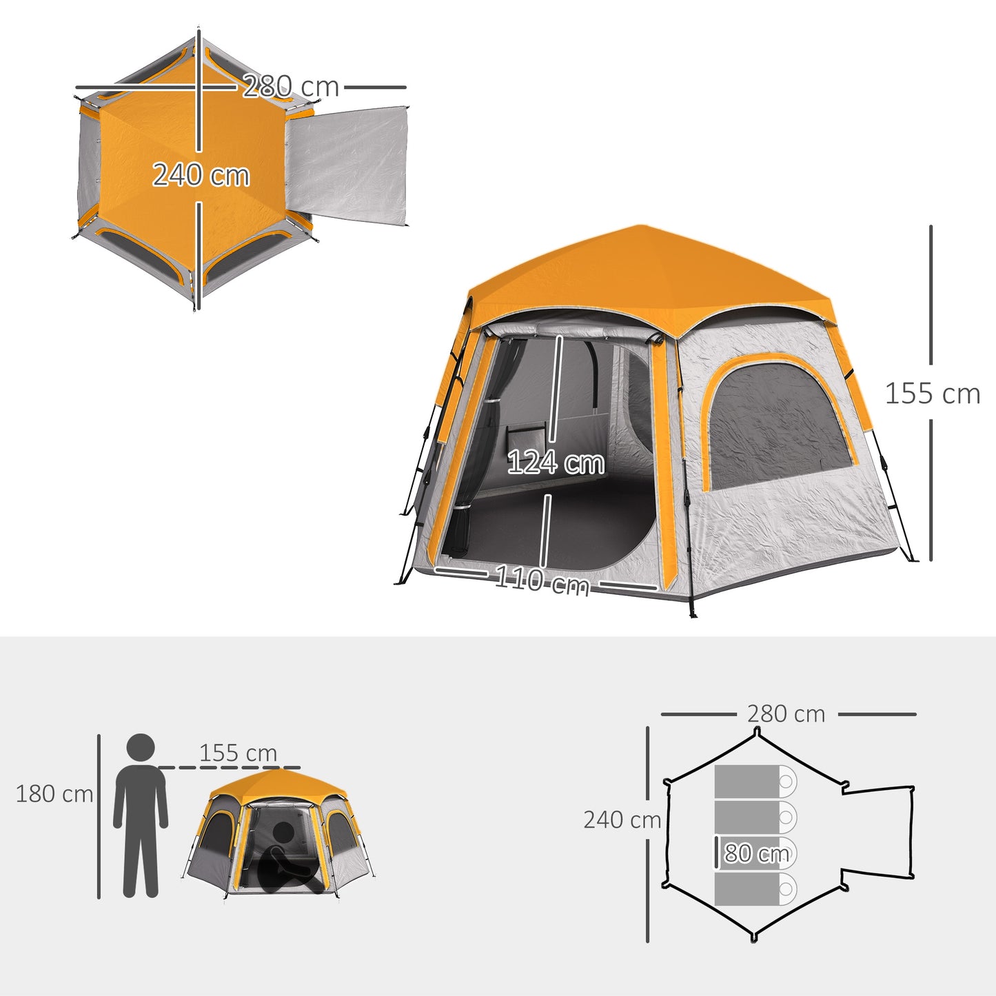Outsunny Instant Pop Up Camping Tent, 2/3/4 Person Easy Setup Dome Family Tent with Vestibule, Rainfly, 4 Mesh Windows & 2 Doors, Hexagonal Design, Waterproof & UV Protected, Light Grey - LiamsBargains.co.uk