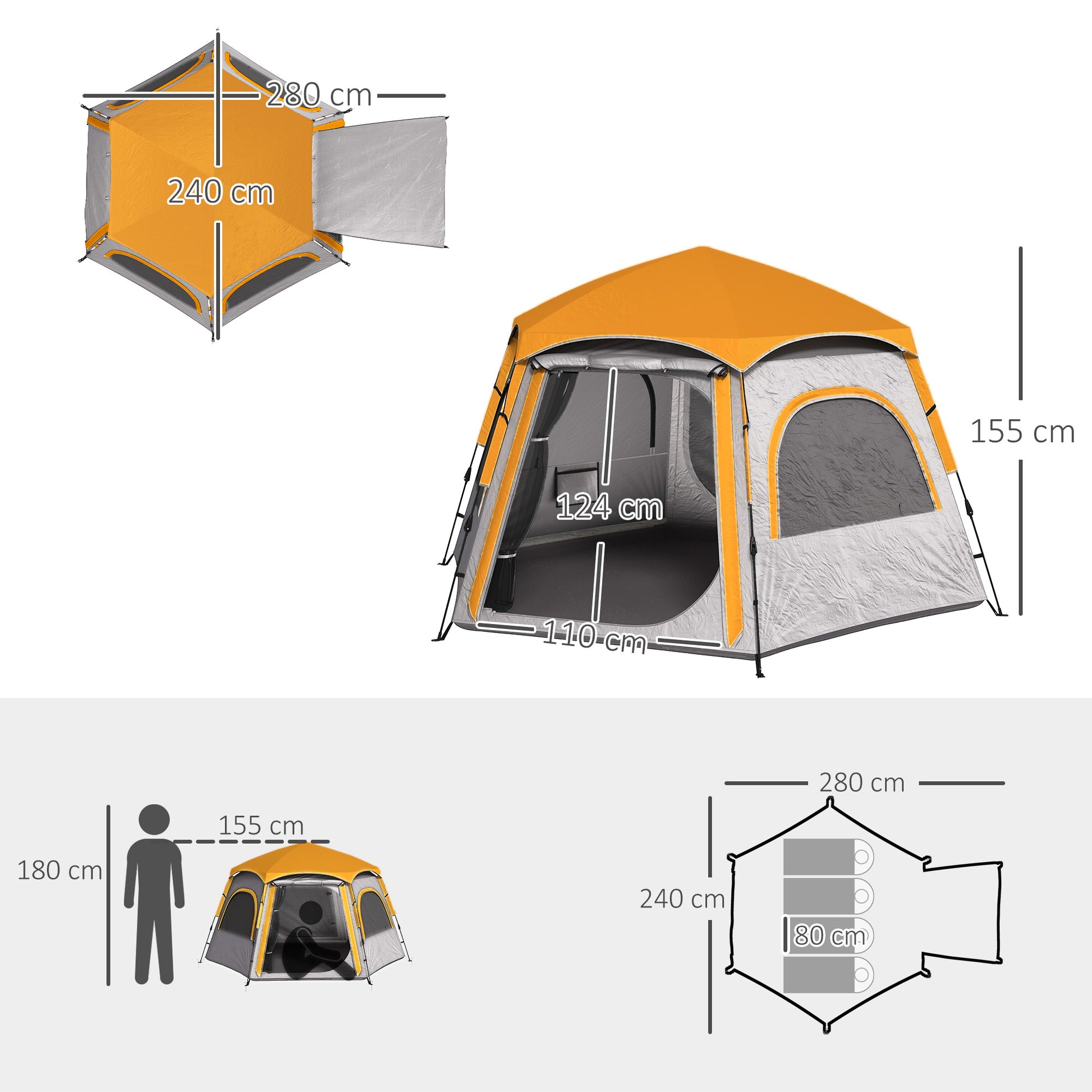 Outsunny Instant Pop Up Camping Tent, 2/3/4 Person Easy Setup Dome Family Tent with Vestibule, Rainfly, 4 Mesh Windows & 2 Doors, Hexagonal Design, Waterproof & UV Protected, Light Grey - LiamsBargains.co.uk