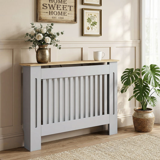 HOMCOM Slatted Radiator Cover, Painted Cabinet with Line Grill Design, 112L Ã— 19W Ã— 81H cm, Grey