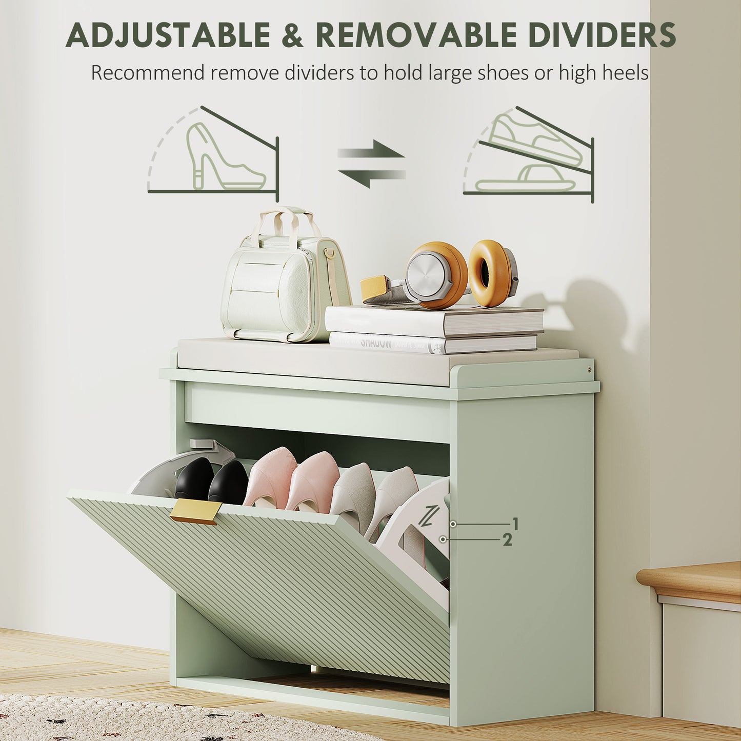 HOMCOM Elegant Six Shoe Bench, with Top Seat - Green