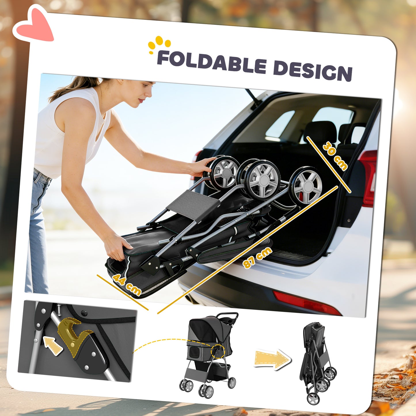 PawHut Dog Pram, Pet Stroller with Reflective Strips, Foldable Cat Stroller with 360Â° Swivel Wheels, Dark Grey