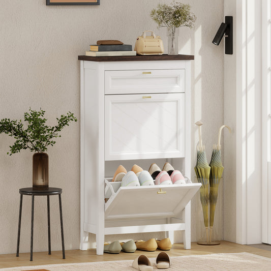 HOMCOM Shoe Cabinet with 2 Flip Drawers, Farmhouse Narrow Shoe Storage Cabinet with Adjustable Shelves, White