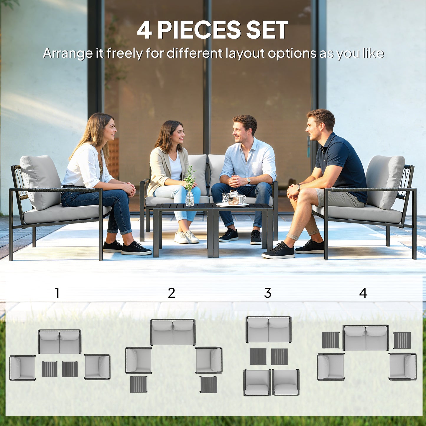 Outsunny 5 Piece Metal Garden Furniture Sofa Set with Thickened Cushions, Loveseat, 2 Armchairs, 2 Coffee Tables, Light Grey