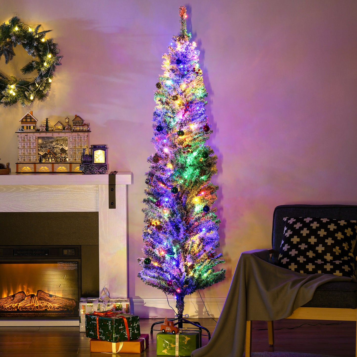 HOMCOM 6' Artificial Prelit Christmas Trees with Colourful LED Lights, Flocked Tips, Berry, Pine Cone