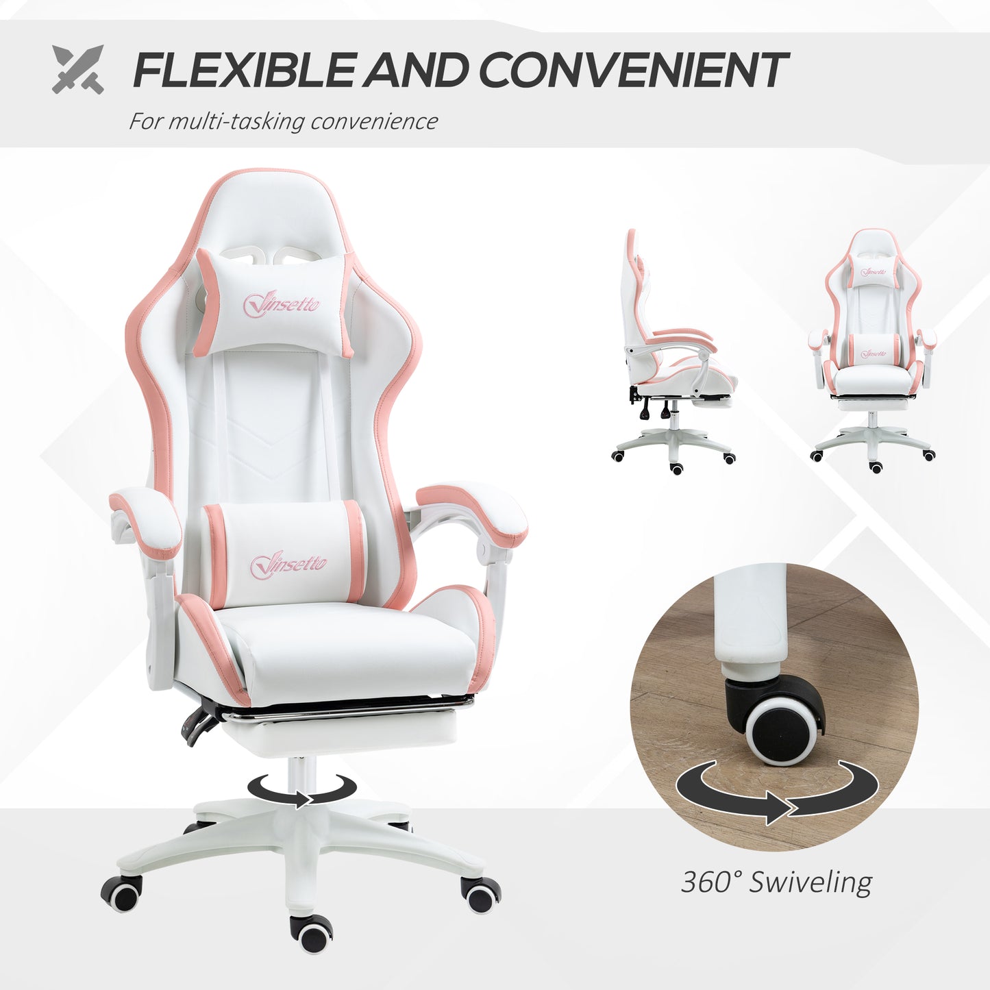 Vinsetto Computer Gaming Chair, PU Leather Office Desk Chair with Footrest, Swivel Wheels, 135Â° Reclining Back, Lumbar Support, Headrest for Home, White and Pink