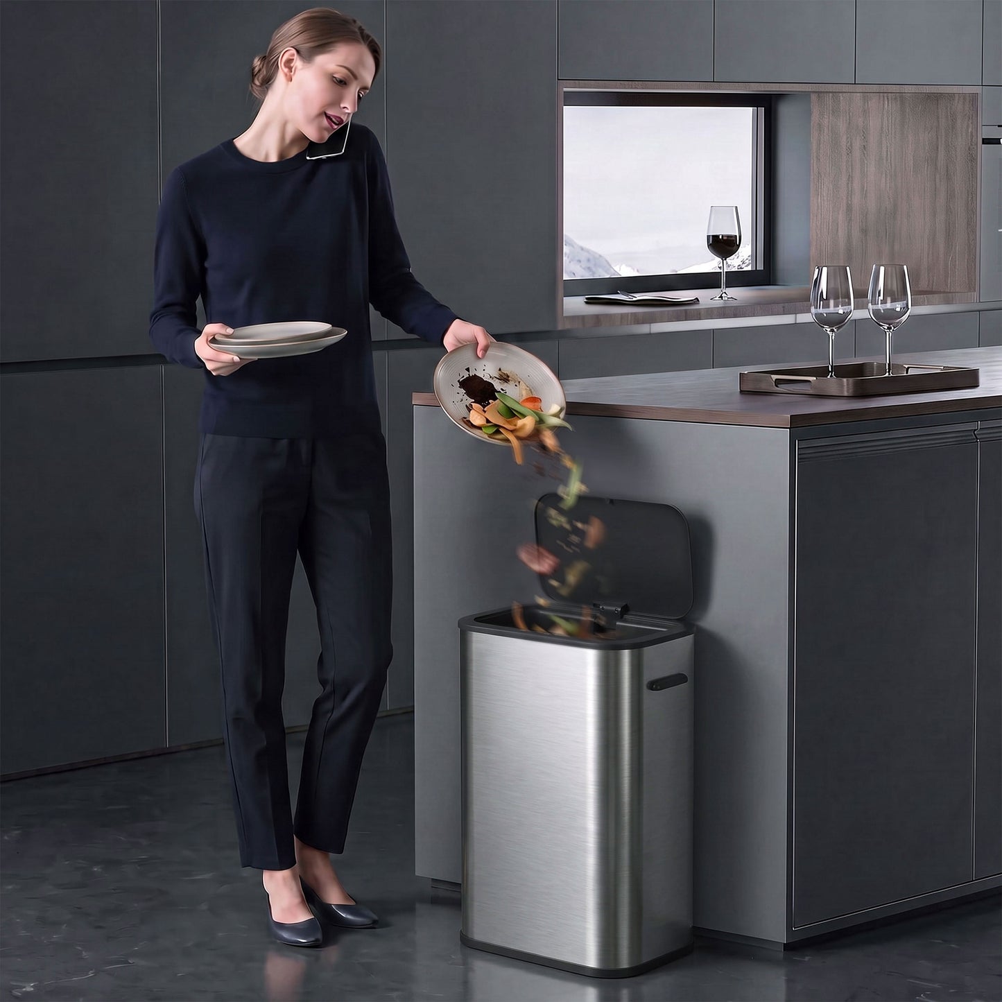 HOMCOM 55L Sensor Bin for Kitchen, Touchless Automatic Waste Rubbish Bin, Stainless Steel, Battery Operated, Silver Tone