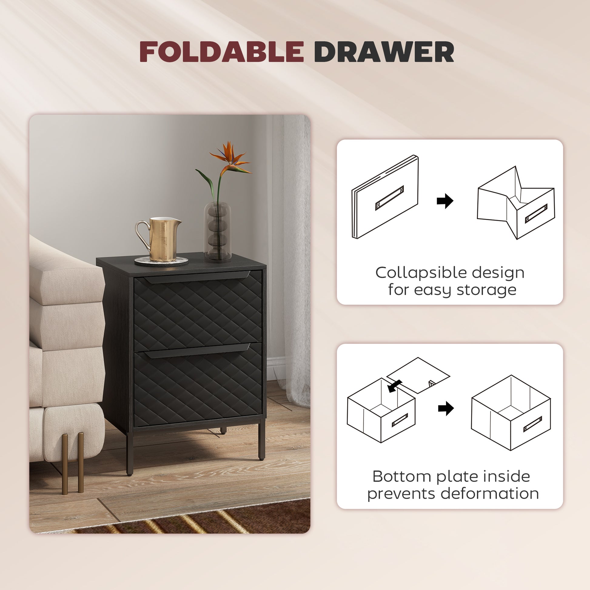HOMCOM Chest of Drawers, Dresser with 2 Fabric Drawers and Aluminium Handles - Black