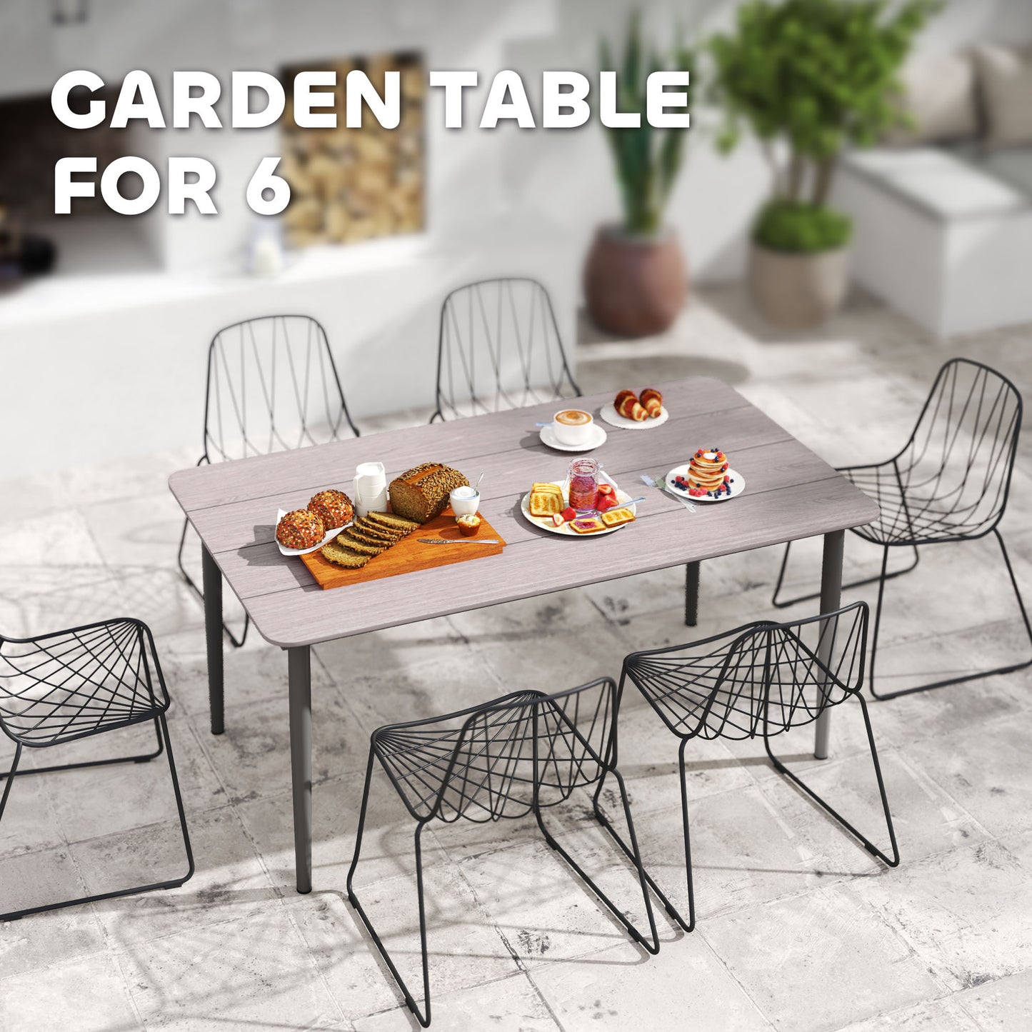 Outsunny Garden Table, Outdoor Dining Table for 6 People, 160 x 90 x 74 cm, with Rust Resistant Metal Frame, WPC Top, for Balcony, Terrace, Light Grey