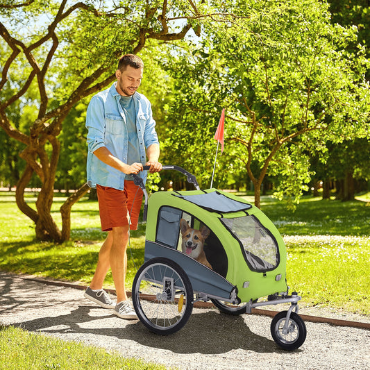 PawHut Dog Bike Trailer Pet Stroller Cart Carrier for Bicycle 360Â° Rotatable with Reflectors 3 Wheels Hitch Coupler Push/ Pull/ Brake Water Resistant Green