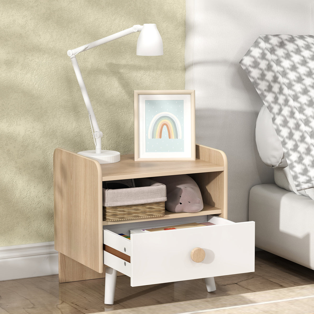 AIYAPLAY Kids Bedside Table with Drawer and Open Storage Shelf, Wooden Nightstand for Bedroom, Bedside Cabinet, White