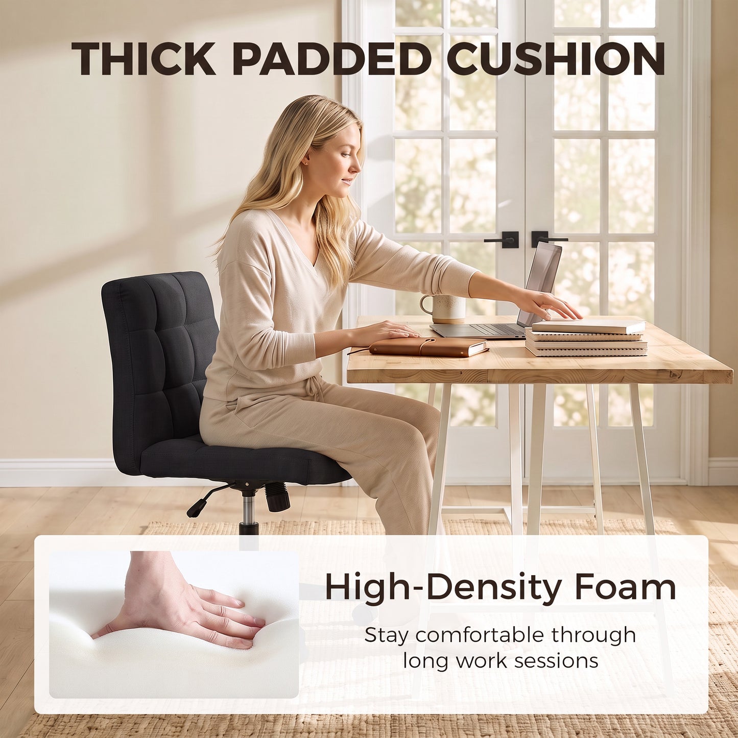 HOMCOM Armless Office Chair, Cross Legged Linen Computer Desk Vanity Chair with Wide Seat, Rocking Function, Black