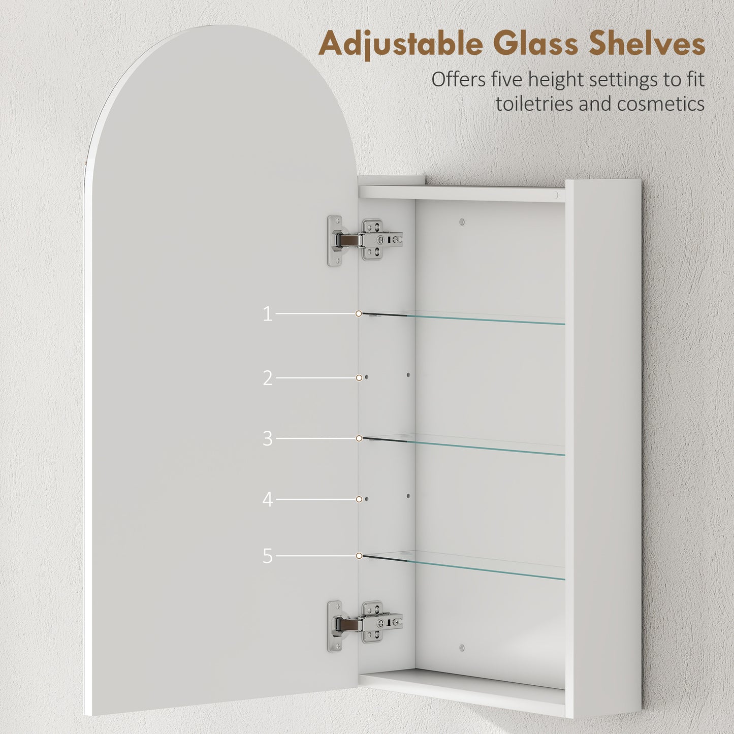 HOMCOM Arched Bathroom Mirror Cabinet with Adjustable Glass Shelves - White