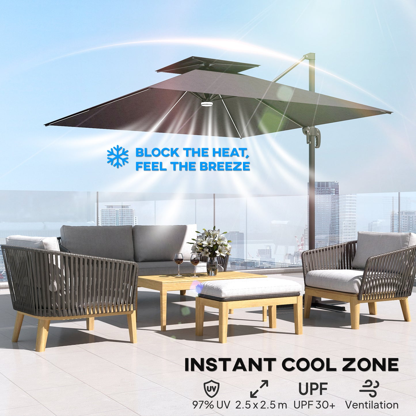 Outsunny 2.5m Cantilever Parasol with Solar Powered LED Lights, 360Â° Rotation, Tilt Adjustment, Crank Handle, Dark Grey