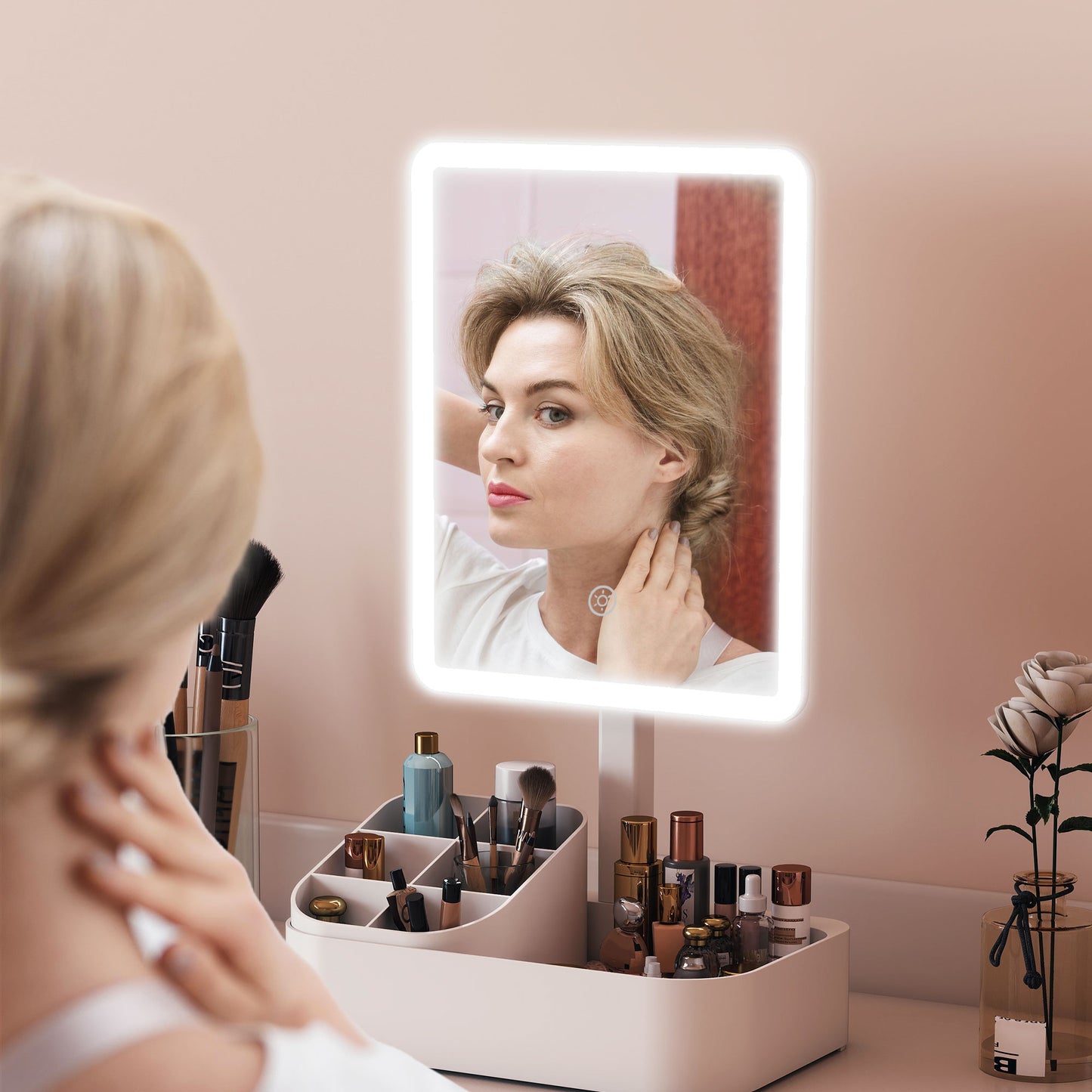 HOMCOM Makeup Mirror with Lights, Rechargeable Vanity Mirror w/ Touch Screen, 2 Lighting Modes and 180Â° Rotation, White