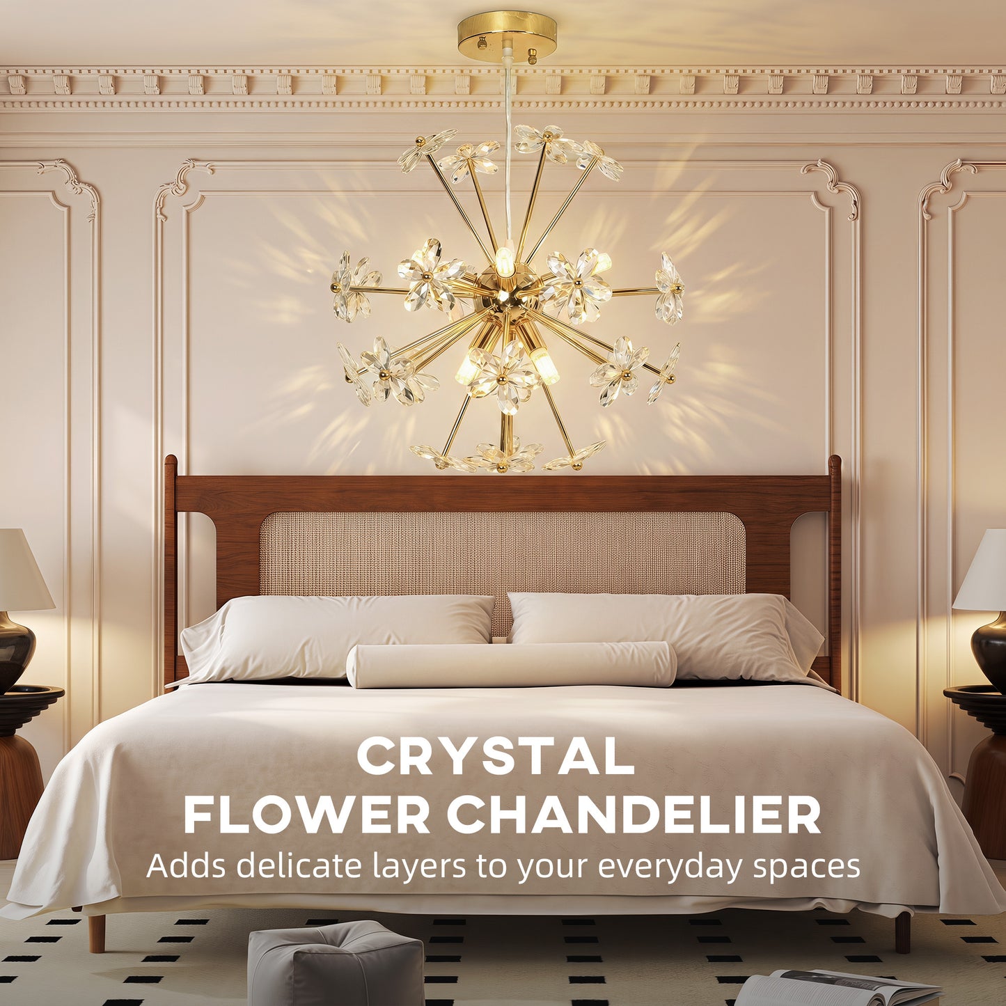 HOMCOM Crystal Chandeliers Ceiling Light with Flower, Modern Pendant Light with Adjustable Height, Ceiling Plate, Clear