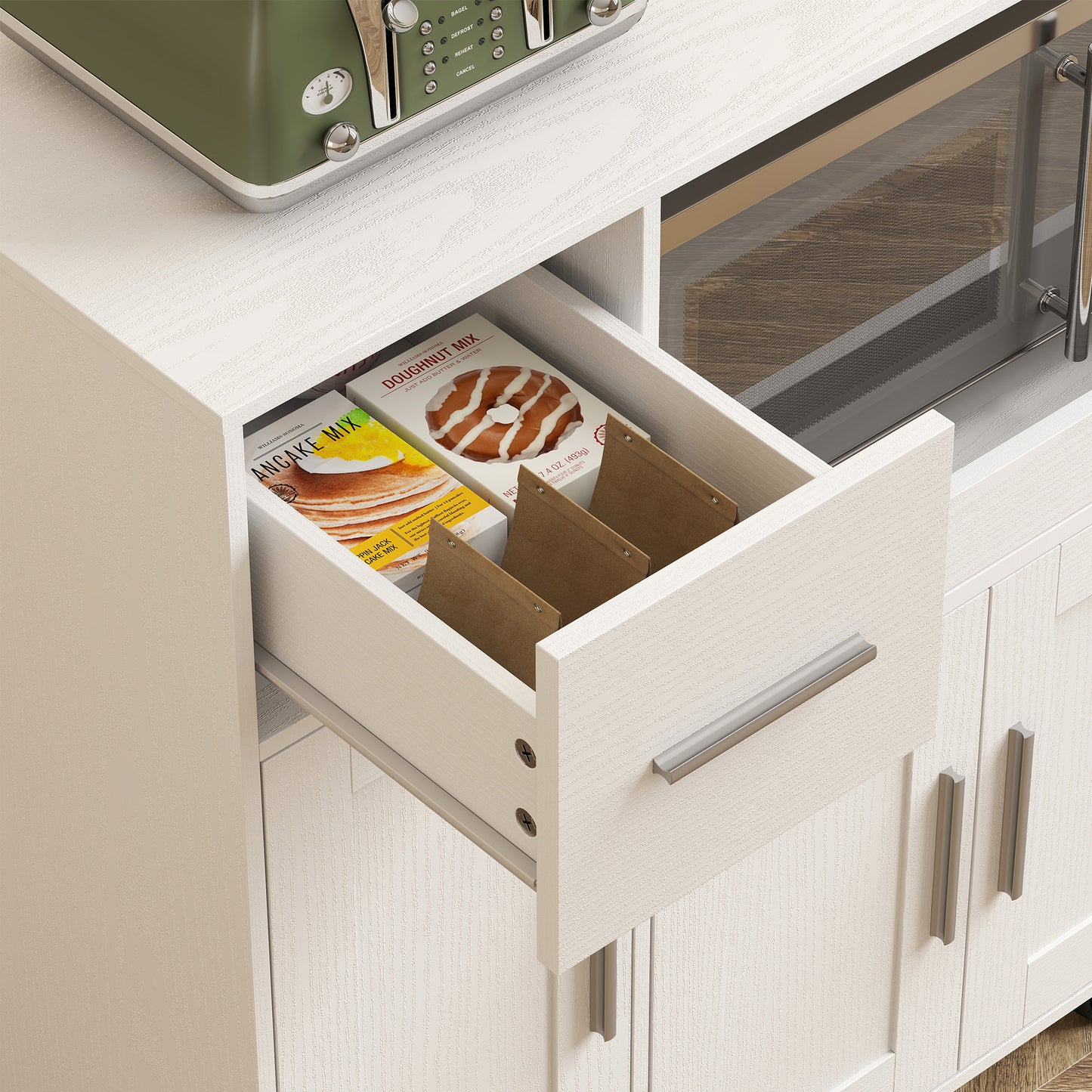 HOMCOM Rolling Kitchen Cart, Microwave Cabinet with Sliding Tray, Drawer, 3-Door Cupboards, Adjustable Shelf, White
