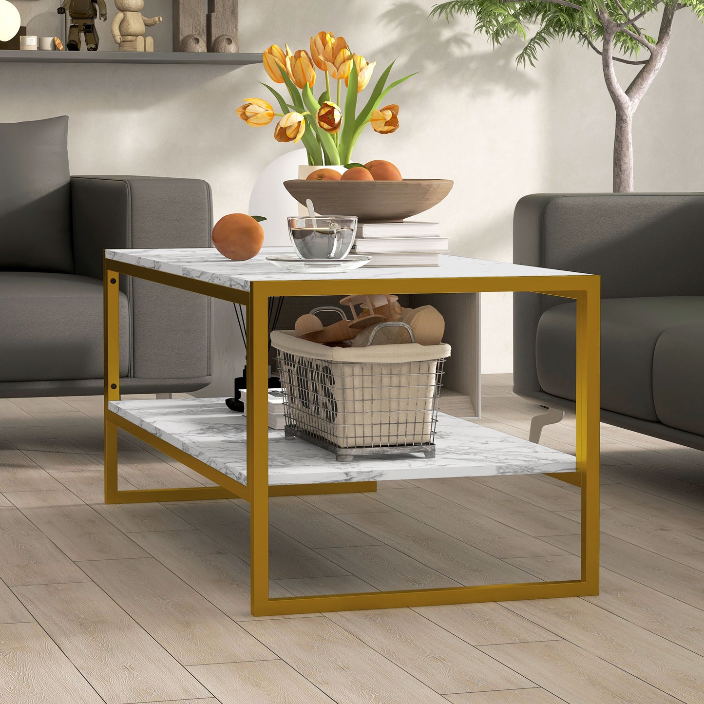 HOMCOM Coffee Table, Two-Tier Faux Marble Effect Centre Table with Metal Frame and Storage Shelf for Living Room, 106 x 50 x 45cm, White