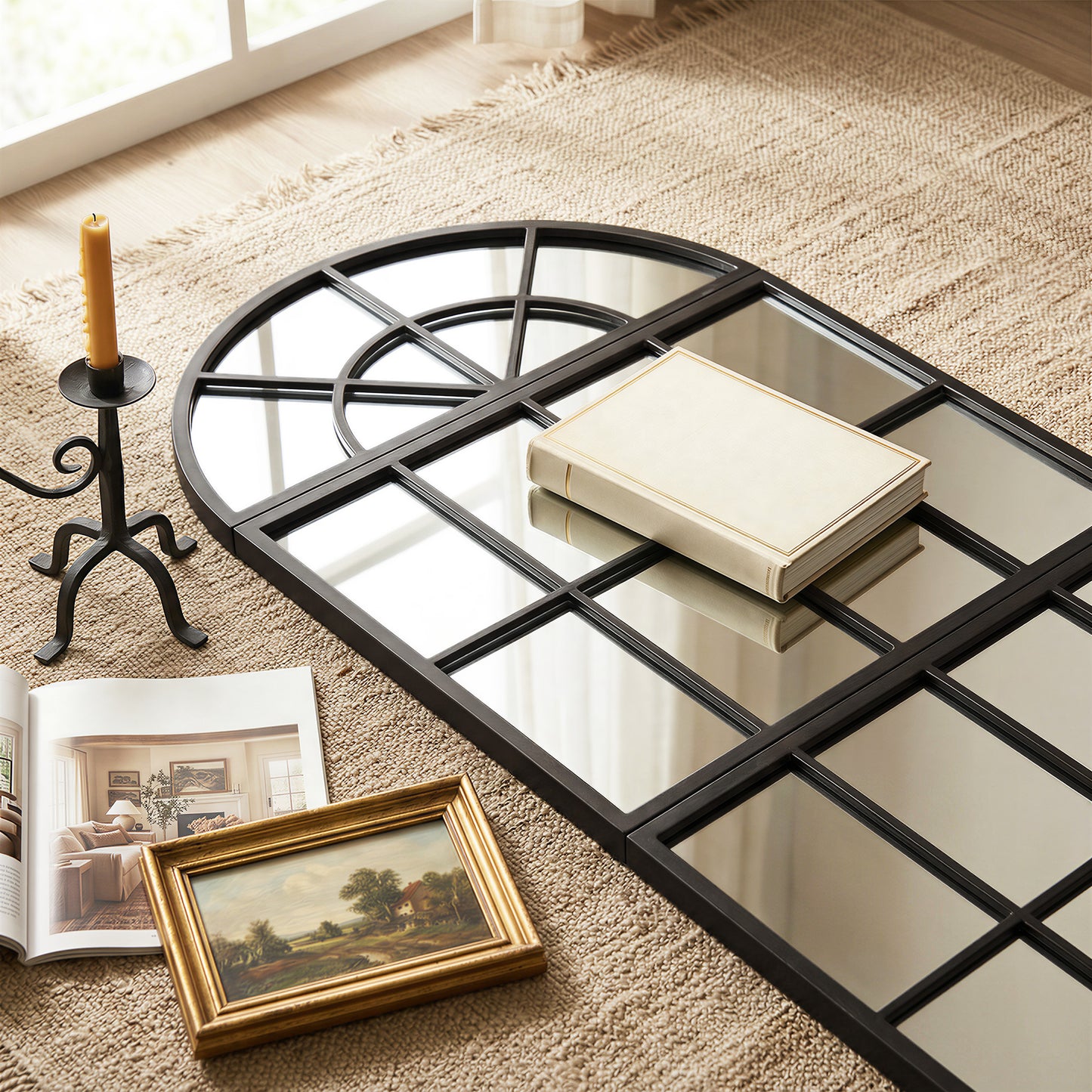 HOMCOM Large Arched Wall Mirror with Metal Grid, 3-Piece Split Window Mirrors, 120 x 54 cm, Black