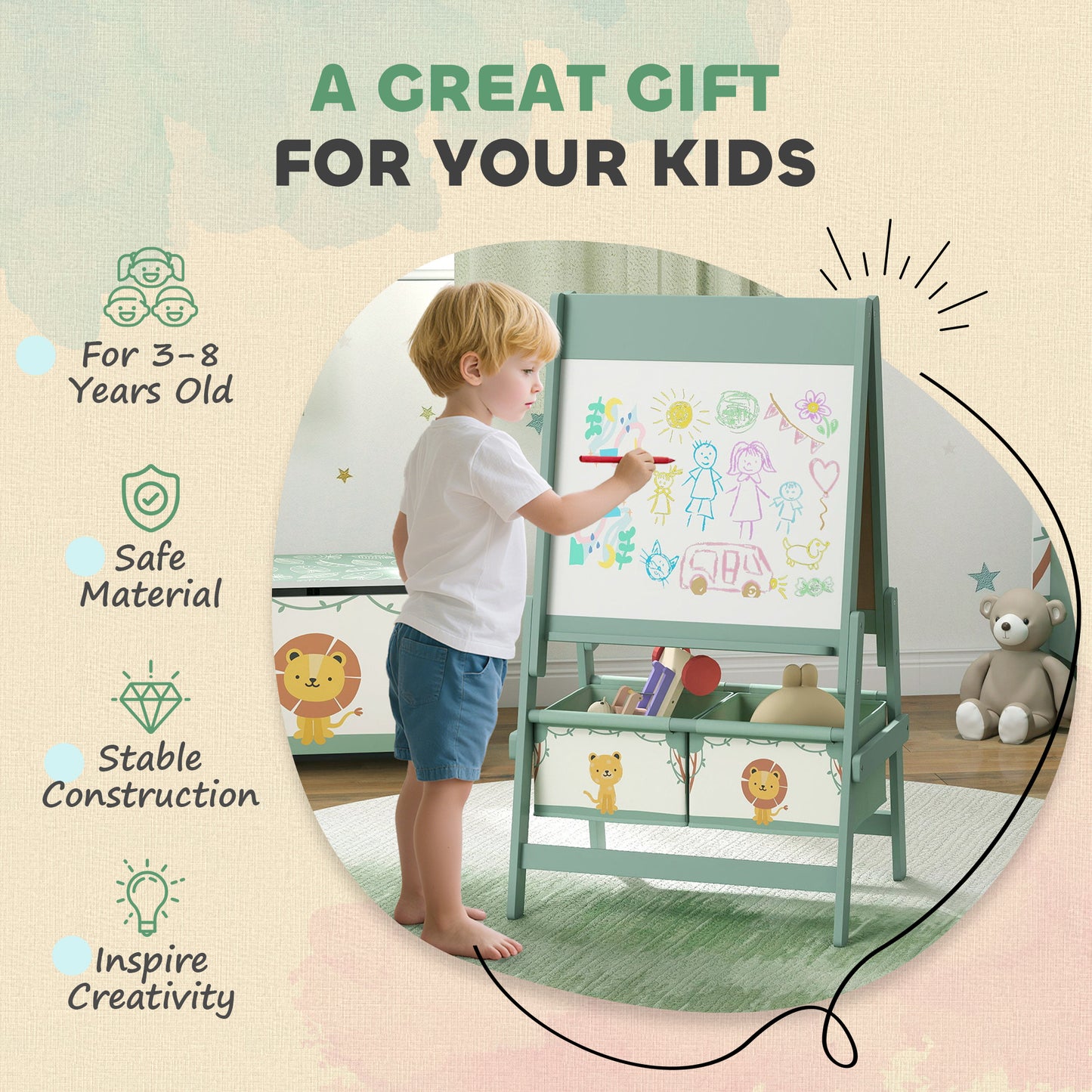 AIYAPLAY Art Easel for Kids, Double-Sided Whiteboard/Blackboard with Paper Roll, Two Storage Boxes, for Ages 3-8 Years, Green