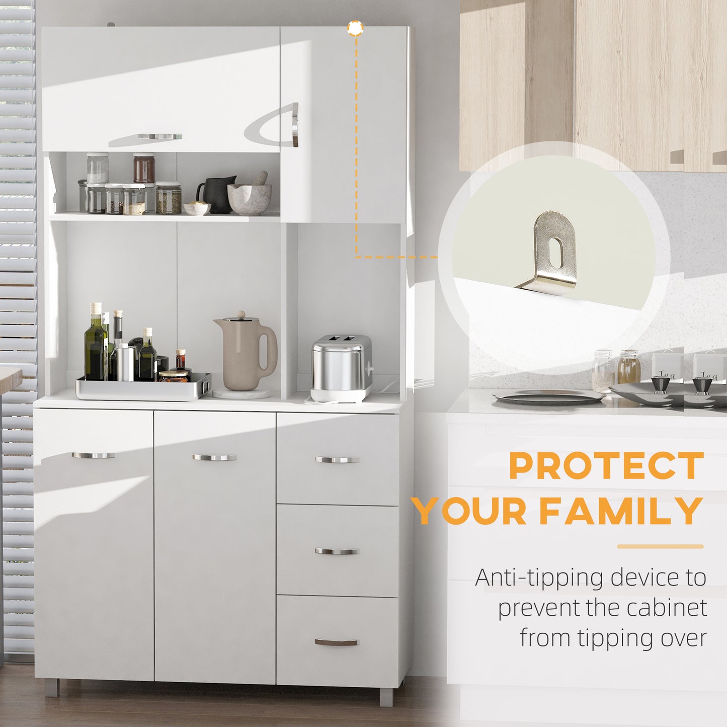 HOMCOM Kitchen Cupboard, 183cm Tall Storage Cabinet with Countertop, Sideboard with 3 Small Drawers, Flip Up Top Door, 3 Cabinet Doors and Open Shelves, 100W x 39.5D x 183.5H cm, White