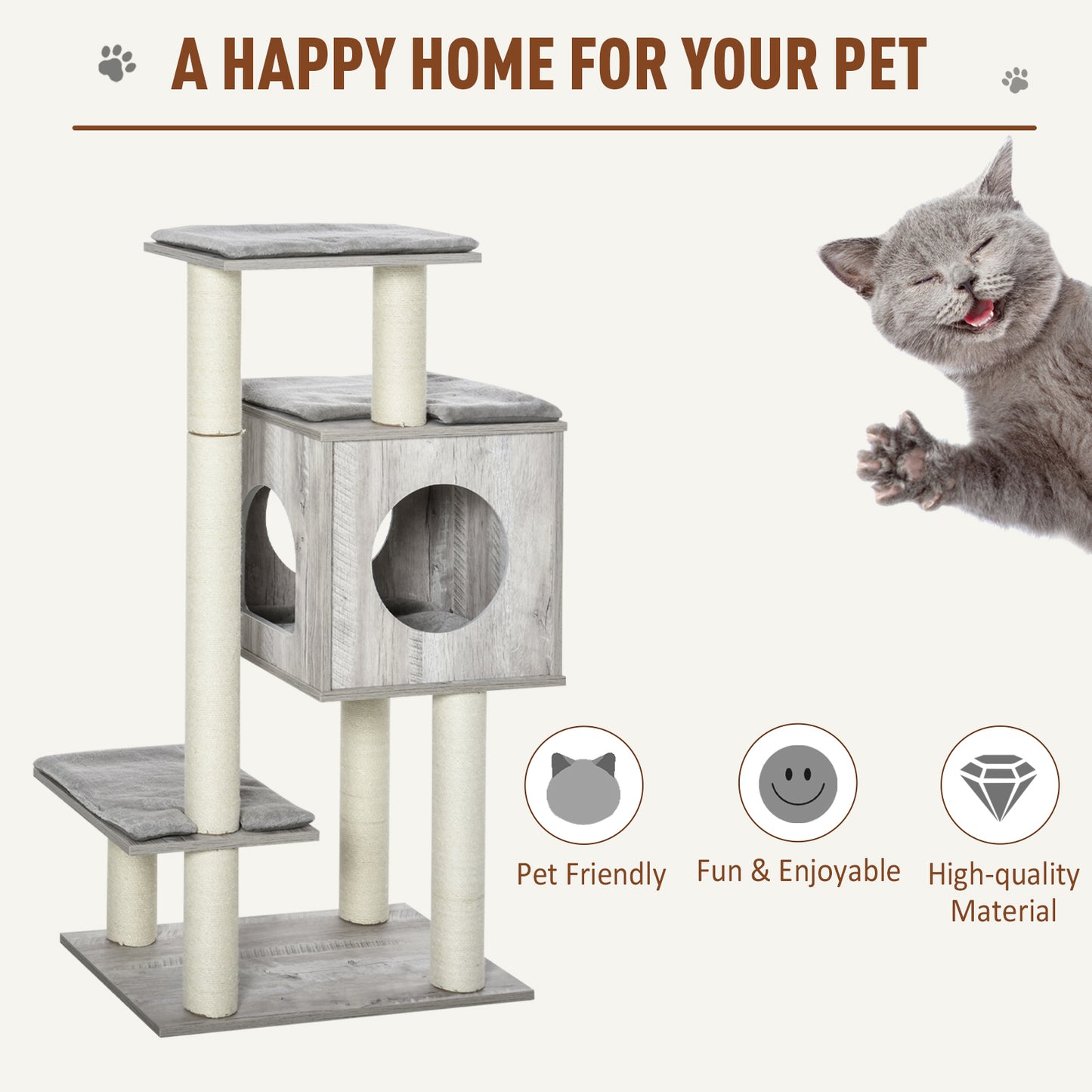 PawHut Cat Tree for Indoor Large Cats 113cm Kitten Tower Condo Jute Scratching Post Kitten Play House Activity Center Furniture