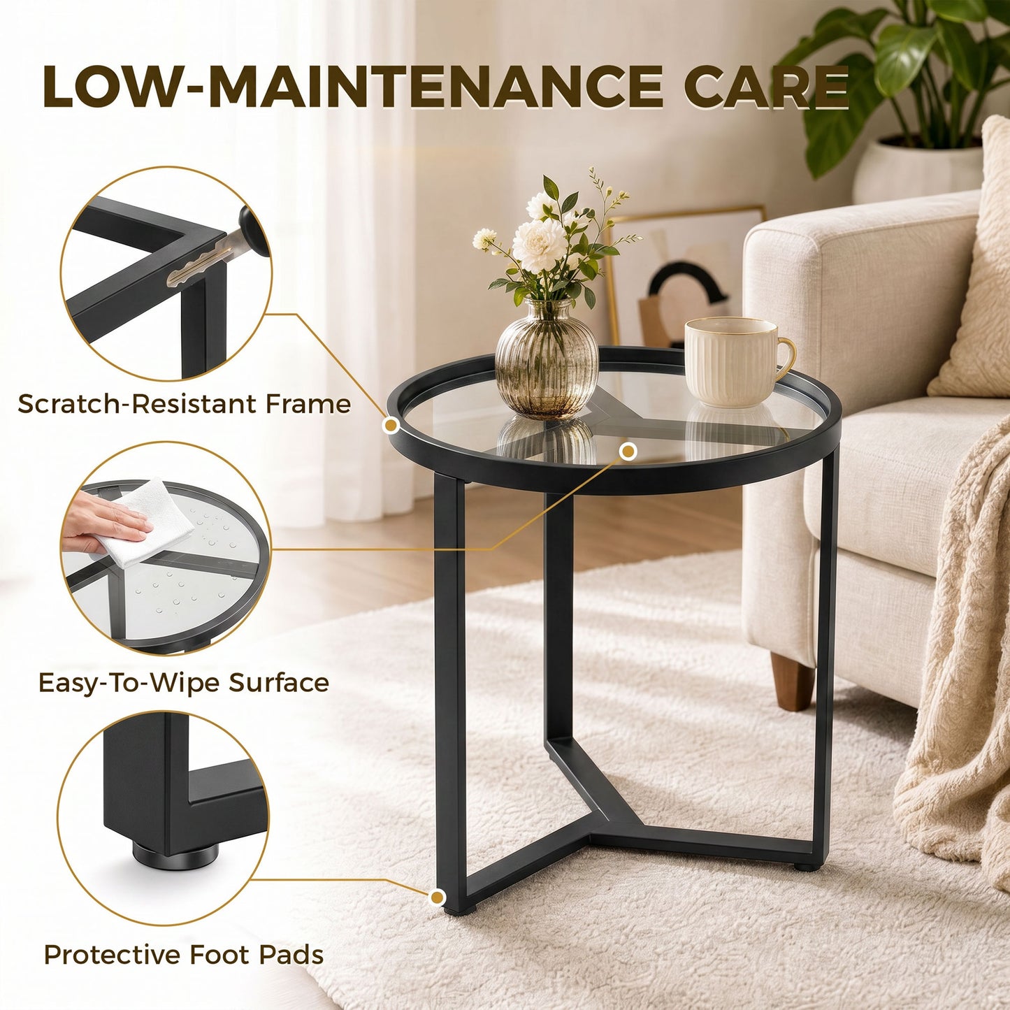 HOMCOM Round Side Table with Tempered Glass Top and Geometric Metal Frame for Small Space, Black