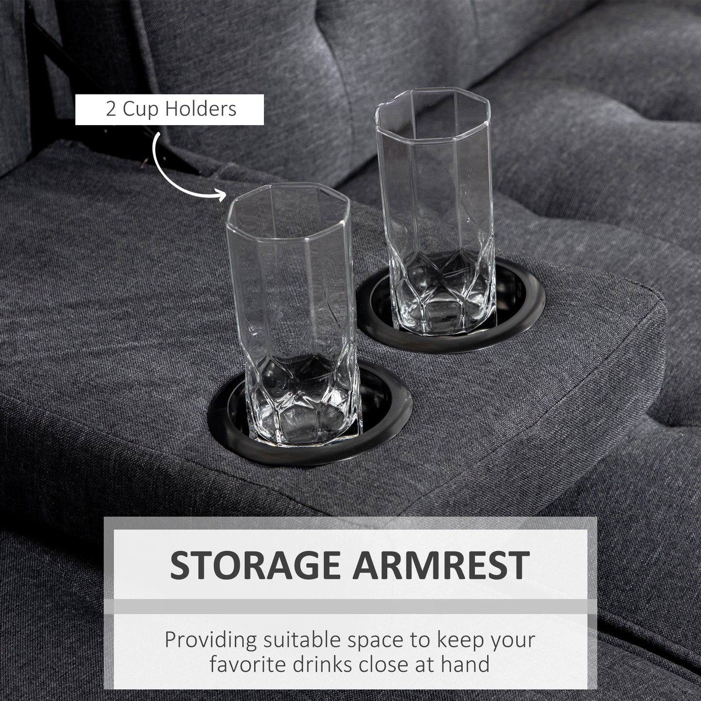 HOMCOM Three-Seater Sofa Bed, with Cupholders - Grey