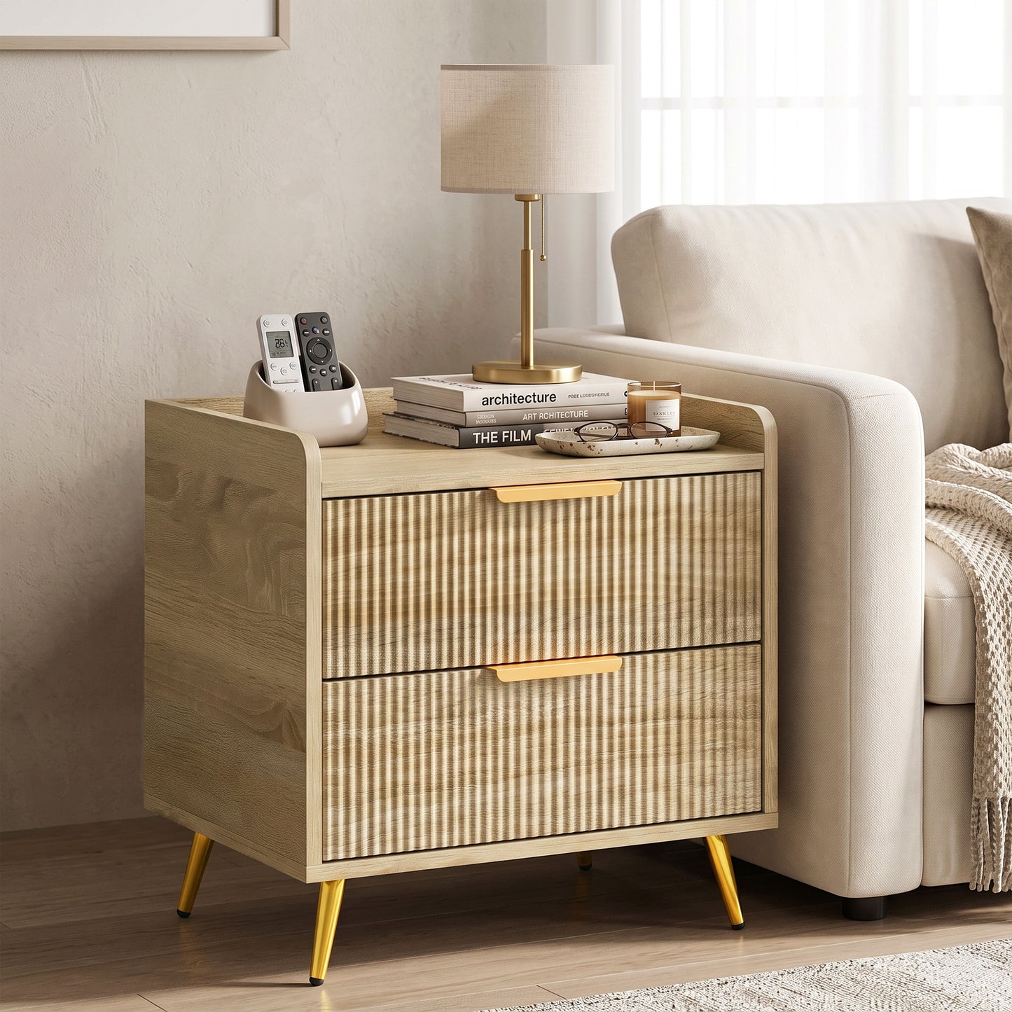 HOMCOM Bedside Table with 2 Drawers, Side End Table with Metal Legs for Bedroom, Living Room, Natural Wood Finish