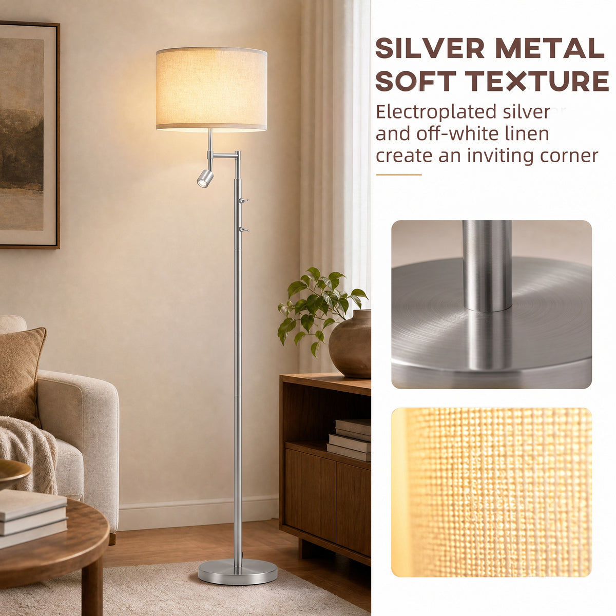 HOMCOM Modern Floor Lamp with Built-In Reading Light, Standing Lamp with Independent Switch, Satin Nickel