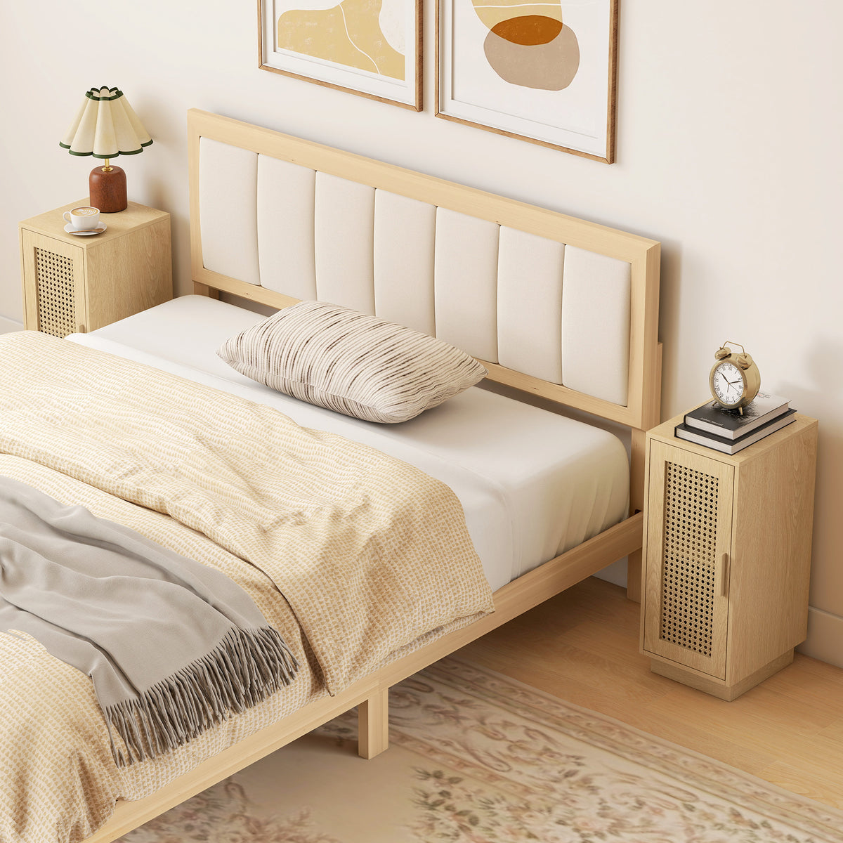 HOMCOM Set of 2 Bedside Tables with Rattan-Decor Doors, Boho Slim Nightstands with Adjustable Shelf, Natural Wood Finish
