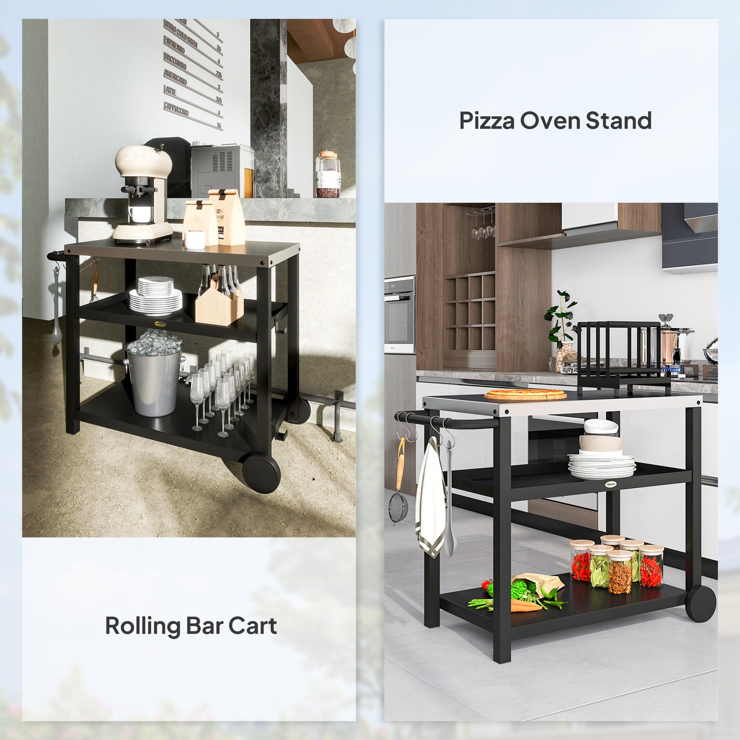 Outsunny Outdoor Grill Dining Cart 3-Shelf Movable Pizza Oven Table Stand with Stainless Steel Top, Portable BBQ Trolley Food Prep Outdoor Kitchen Barbecue Station with Hooks Wheels, Charcoal Grey