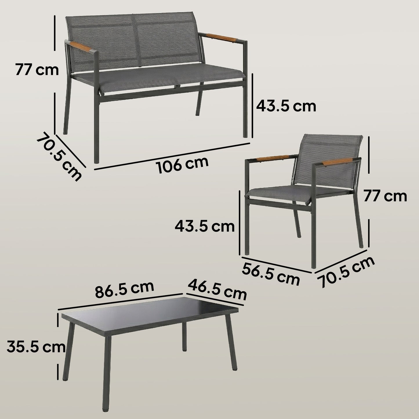 Outsunny 4 Seater Garden Furniture Set with Loveseat, Armchairs, Table, Metal Garden Sofa Set with Breathable Seats, Grey