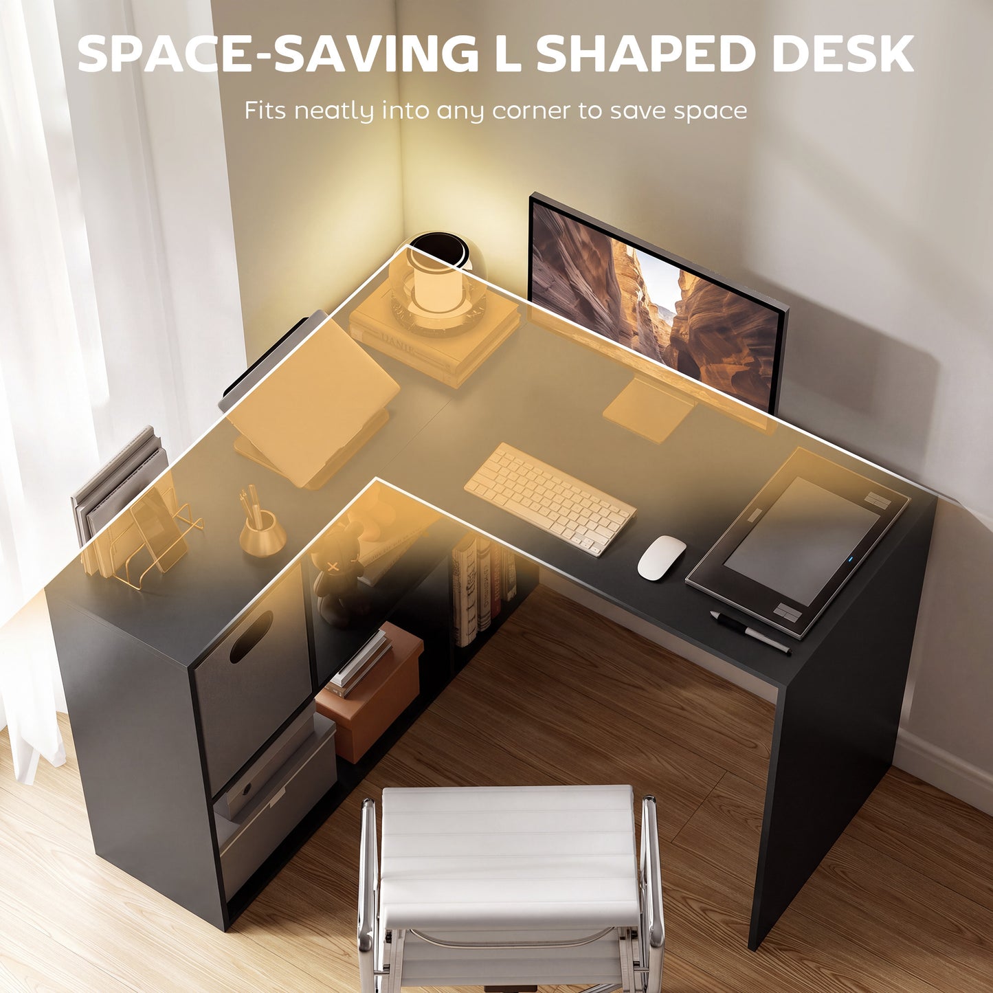 HOMCOM 110 cm L-Shaped Desk, Small Computer Desk with Fabric Drawer and Storage Shelves for Home Office, Study, Black